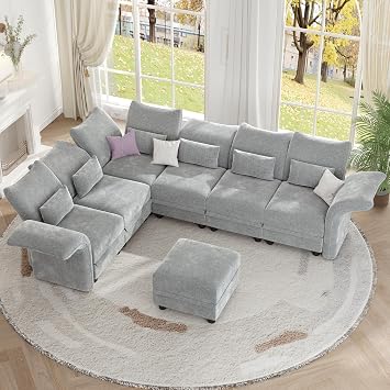 LLappuil L Shaped Modular Sectional Sofa 7 Seater Sectional Couch with Storage Chaise, Deep Sectional Sofas for Living Room with Adjustable Armrest/Backrest, Chenille, Grey