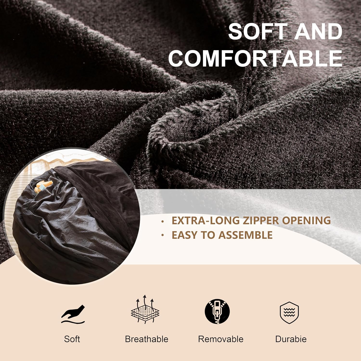 Bean Bag Chair for Adults, Floor Bean Bags Offers Ample Space for Adults,Memory Foam Giant Bean Bags,Lounger Versatile Design Suits Any Room,Movie Nights,Reading(Black,6FT)
