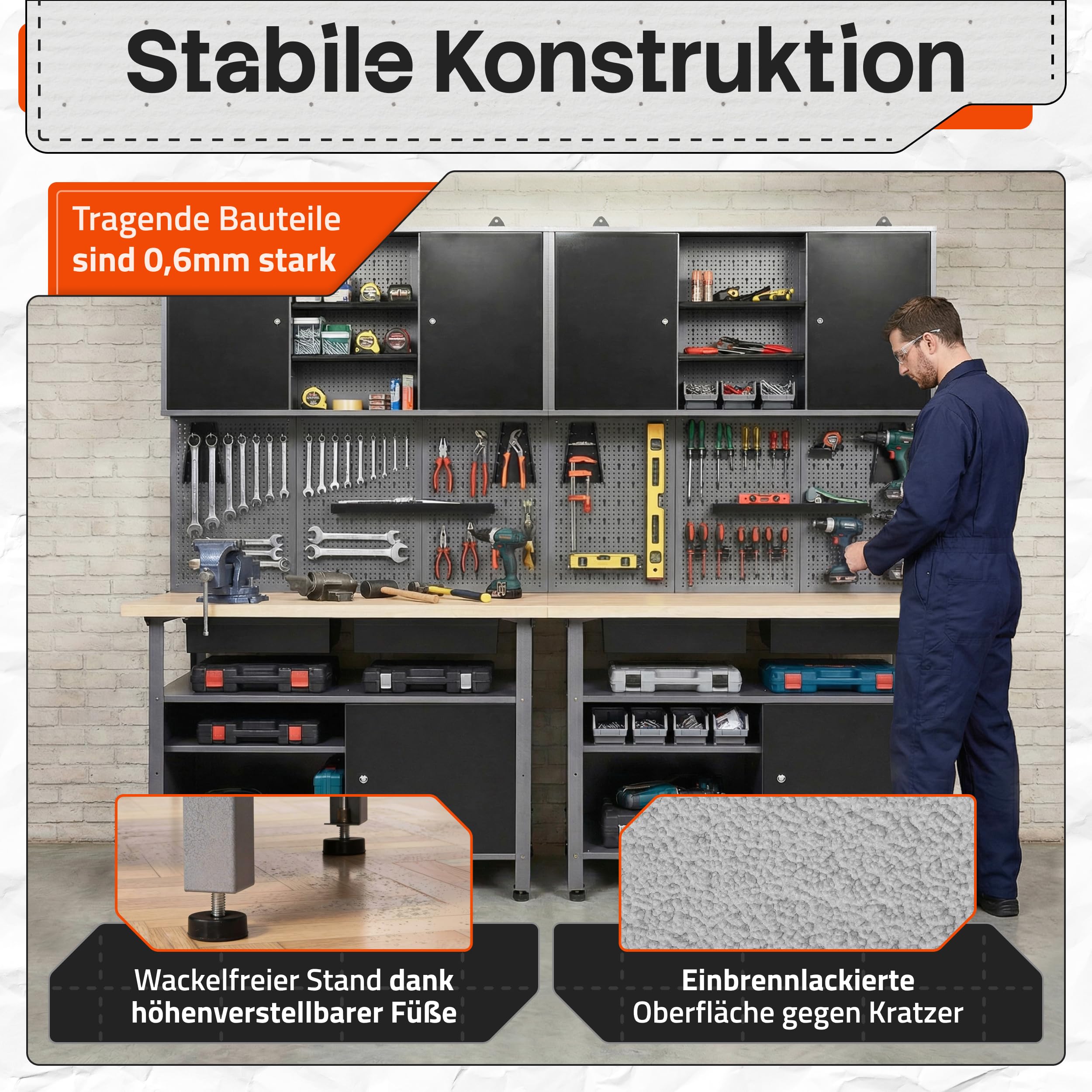 Ondis24 Werkstatteinrichtung Werkstatt Set Werkbank Fritz Hängeschrank Werkzeugwand Metall Schwarz Grau (Hängeschrank Kurt, 240 cm)
