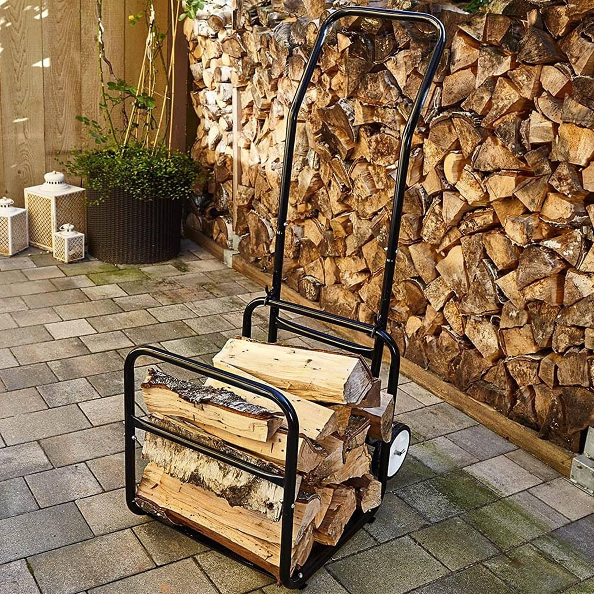 FISHTEC Chariot à Bûches en Métal - Porte bûches Amovible - Chariot à Bois - Diable Transport Bois Chauffage - Pneus en Caoutchouc - Charge Maximale 50 kg