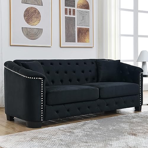 KEIKI 77" Chesterfield Sofa, Retro Upholstered Velvet Couch with Nailhead