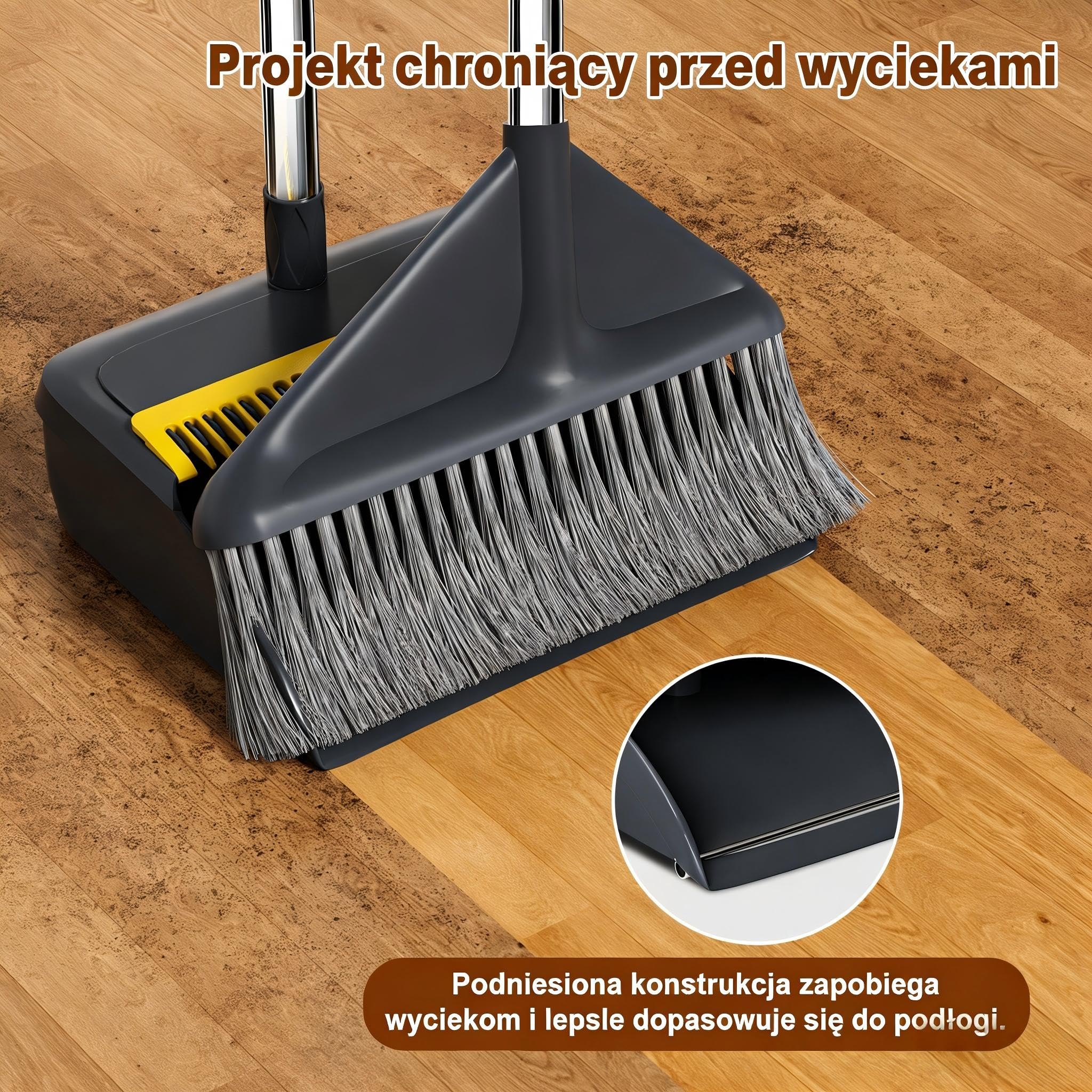 MOPUP Zestaw miotły i szufelki z długim trzonkiem, wersja pionowa, nadaje się do czyszczenia podłóg, do użytku wewnątrz i na zewnątrz, uchwyt 125 cm, kolor szary.