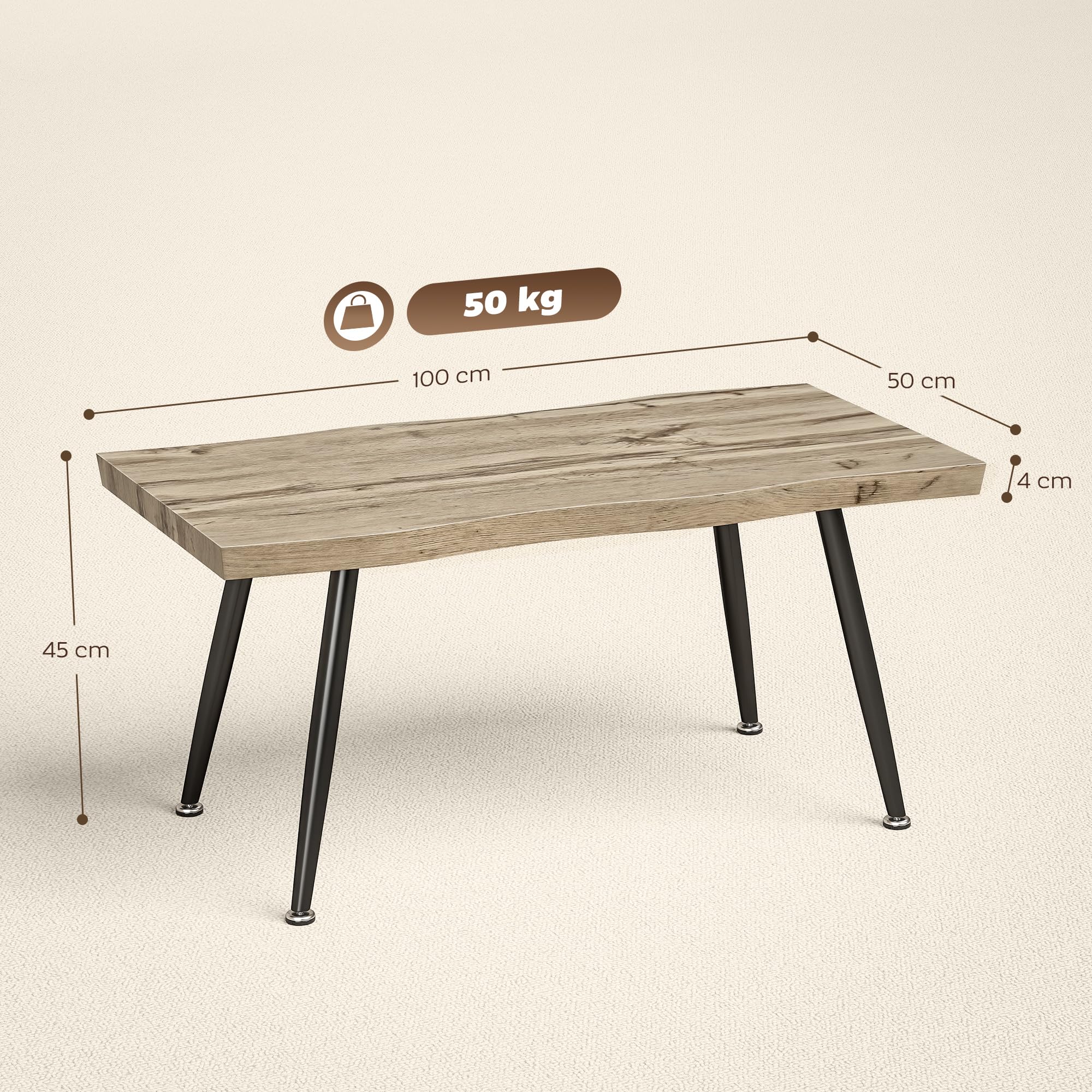HOMCOM Mesa de Centro Curva con Tablero Grueso de 4 cm 100x50x45 cm Roble | Mesa Baja para Salón Moderno, Patas de Acero, para Sala de Estar, Dormitorio
