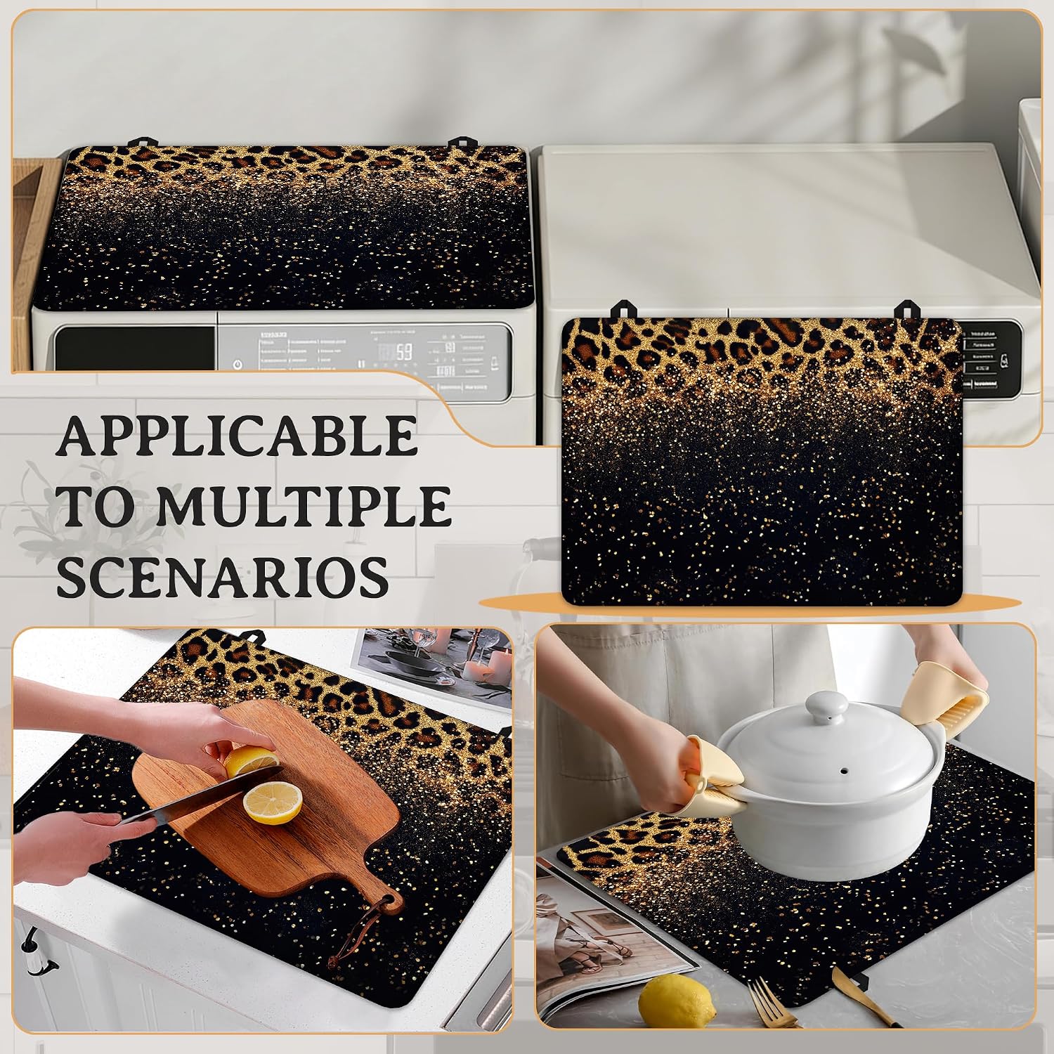 Glowing Leopard Print Multi-Design Stove Top Covers for Electric Stove, Heat-Resistant Protector Mat, Non-Slip Drying Rack 28"x20" Stove Burner Covers