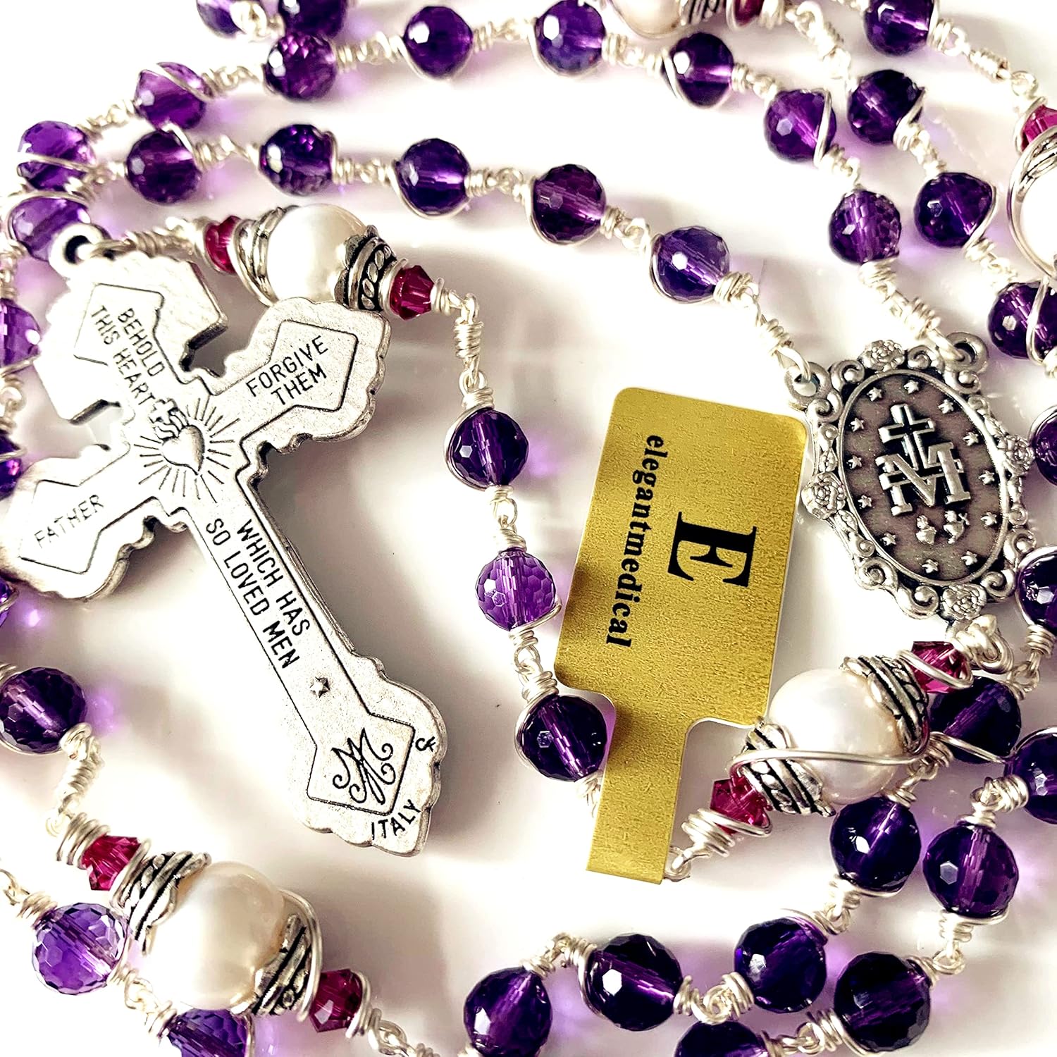 elegantmedical HANDMADE Silver Wire Wrapped Beads &10mm Real Pearl Beads Rosary Cross/Crucifix Necklace Gift Box (Silver Amethyst)