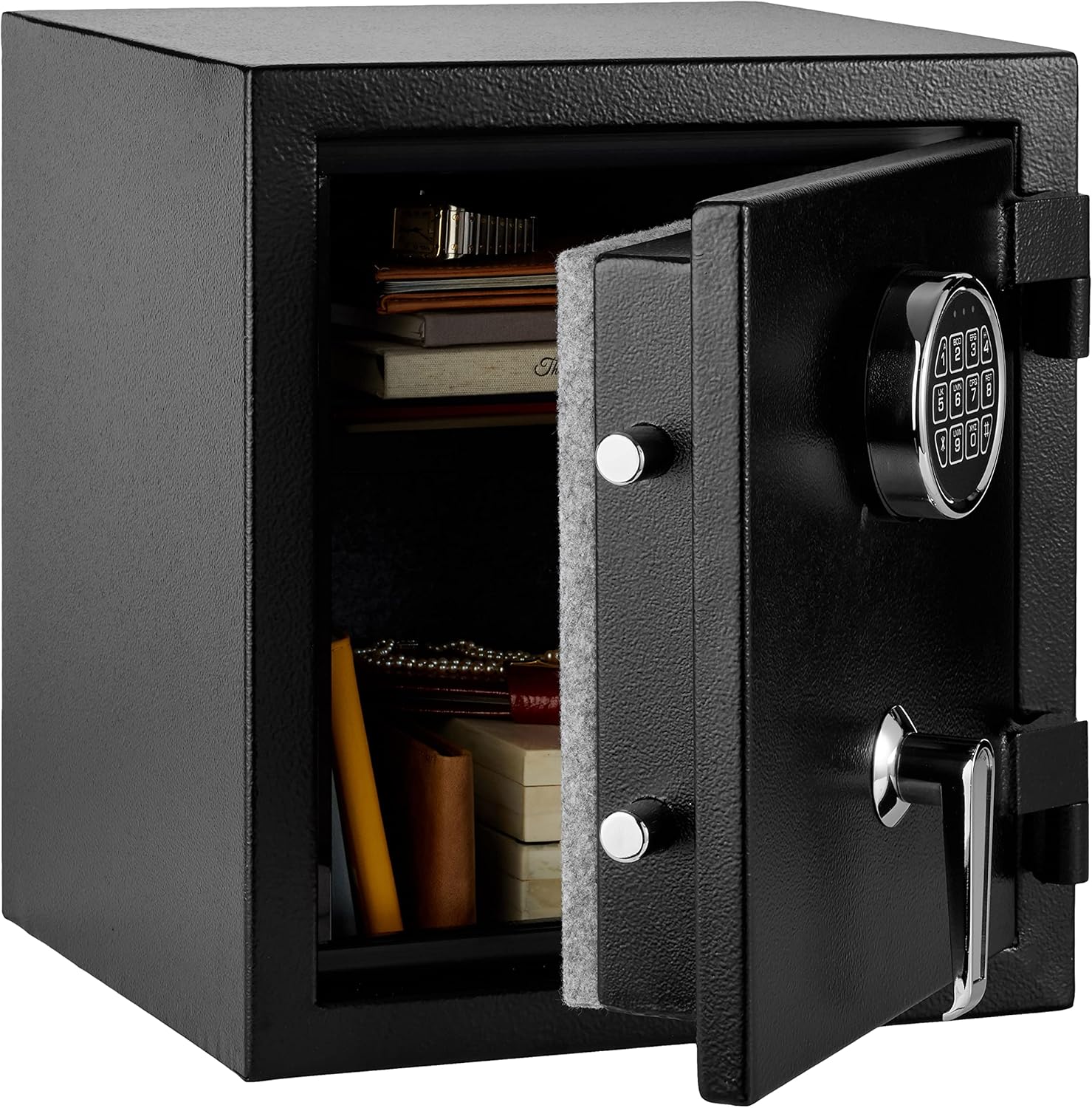 Amazon Basics Fire Resistant Security Safe with Programmable Electronic Keypad, Home Safe, fire proof safe for home documents, 0.83 Cubic Feet, Black, 14.17"W x 12.2"D x 15.75"H