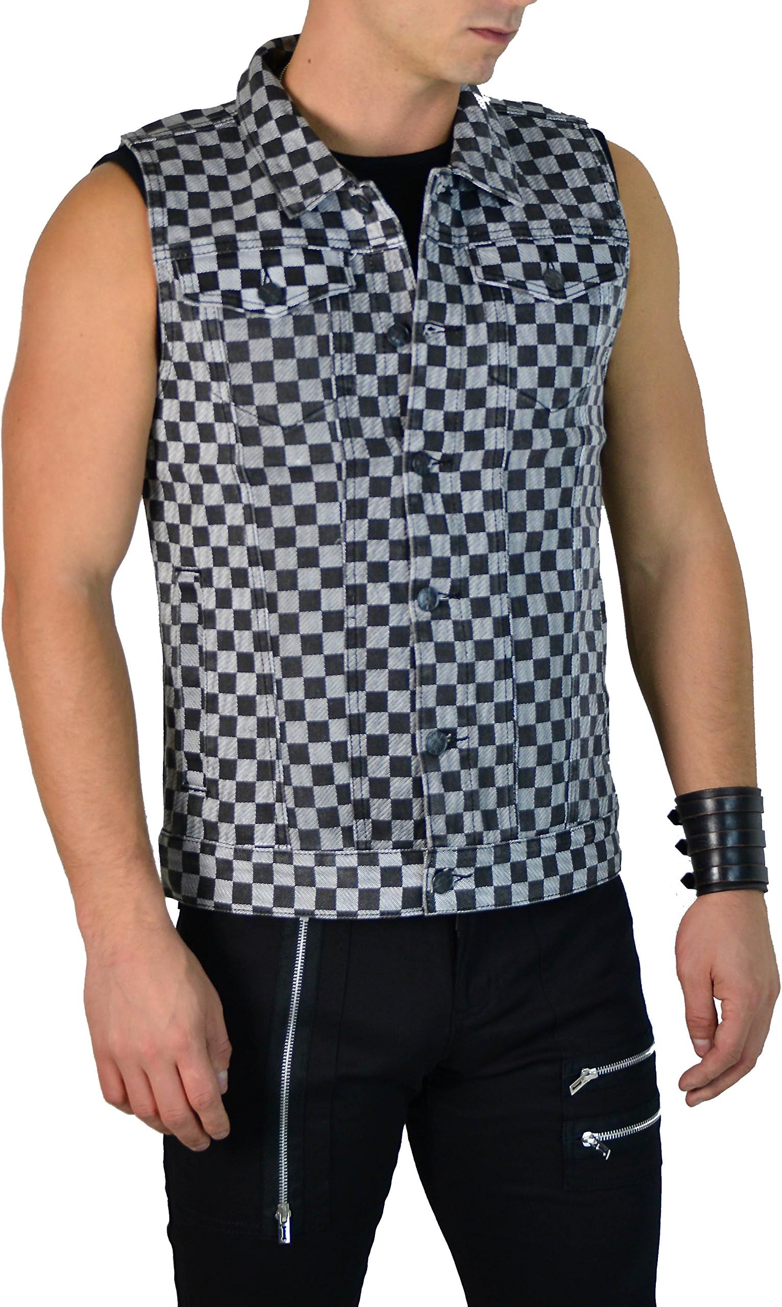 Kill City Men's Trucker Racing Checkers Gothic Punk Rocker Jacket Vest