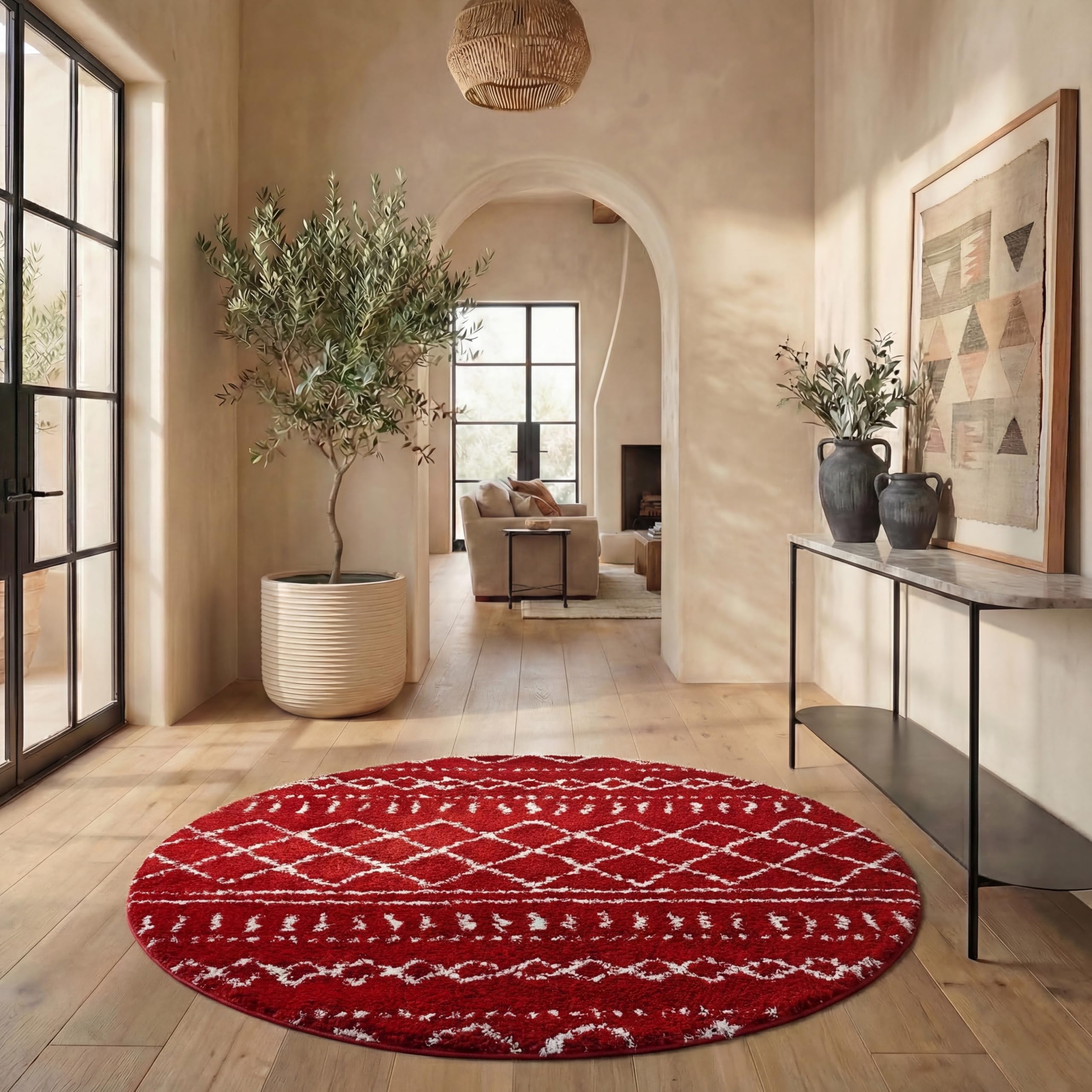 SAFAVIEH Arizona Shag Collection Area Rug - 6'7" Round, Red &amp; Ivory, Moroccan Boho Design, Non-Shedding &amp; Easy to Clean, Ideal for Living Room, Bedroom, Dining Space (ASG741Q)
