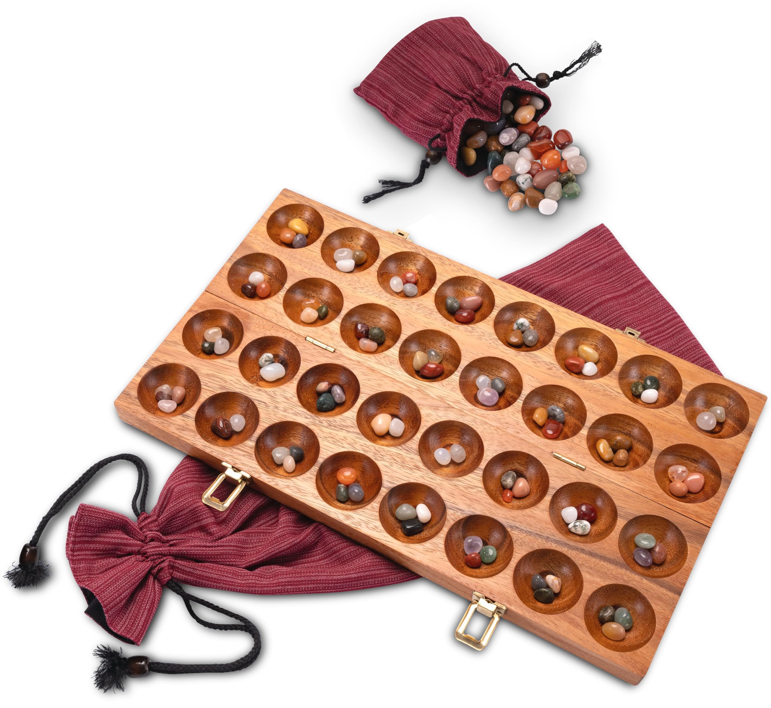 LOGOPLAY Hus Game with Metal Clasps - for 2 Players - Bao - Kalaha - with Gems and Cloth Bag Small + Large