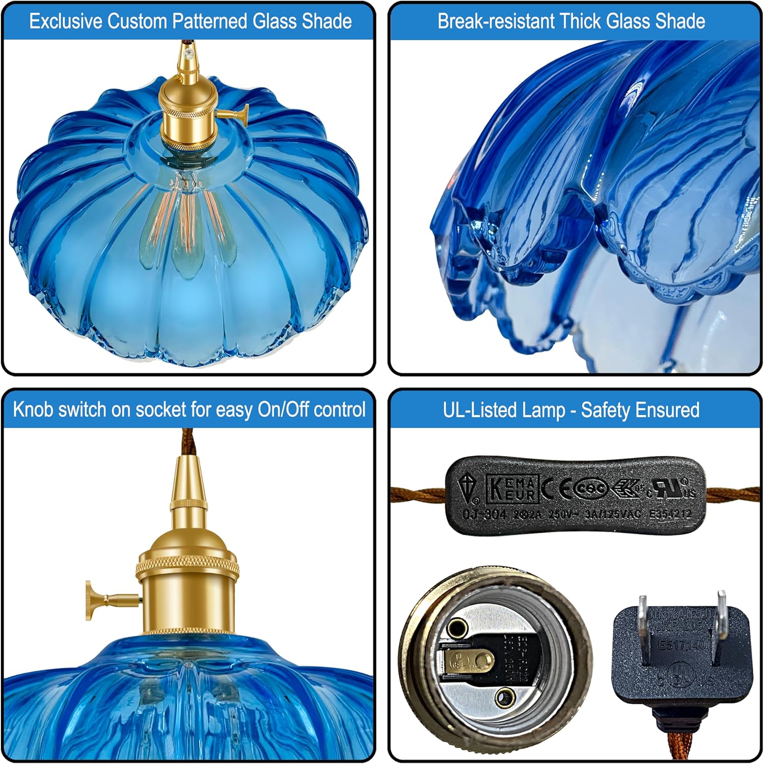 Plug-in Pendant Light Fixture, Hanging Light Fixture, Glass Pendant Light, Swag Lamp with Inline On/Off Switch for Kitchen Island, Bedroom, Dining Room, Living Room (Blue Lotus, Plug-in)
