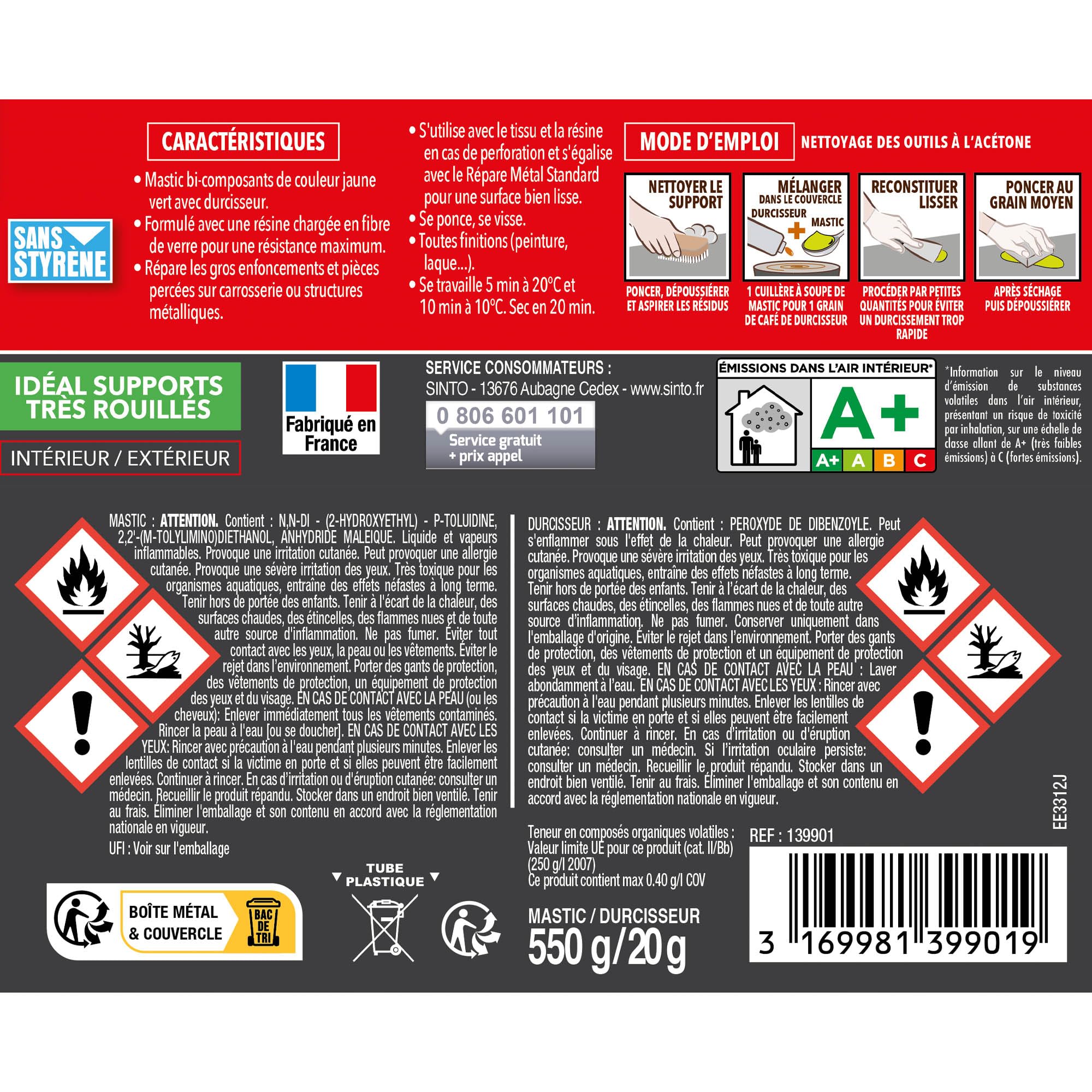 SINTO Mastic répare métal armé 500ml | Reconstitue et colmate avant égalisation, réparations en épaisseur et pièces percées, véhicules gouttières rampes et volets