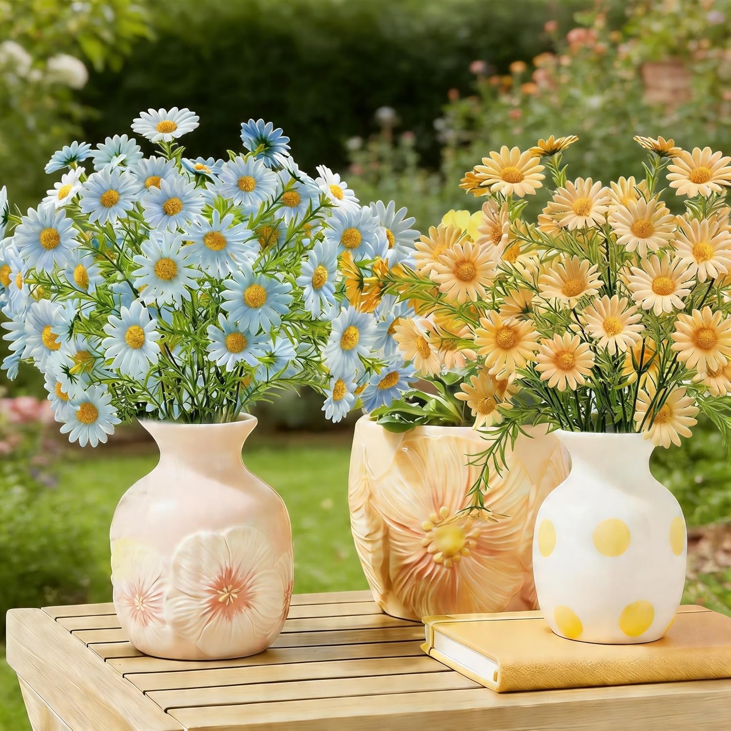 Daily Treasures 6Pcs Unique Yellow & Blue Artificial Daisy Bouquet, 14.9Inch Short Stem Daisies, 25 Realistic Silk Flower Heads, Removable DIY Flowers for Vase Home Outdoor Decor – Fresh Color Combo