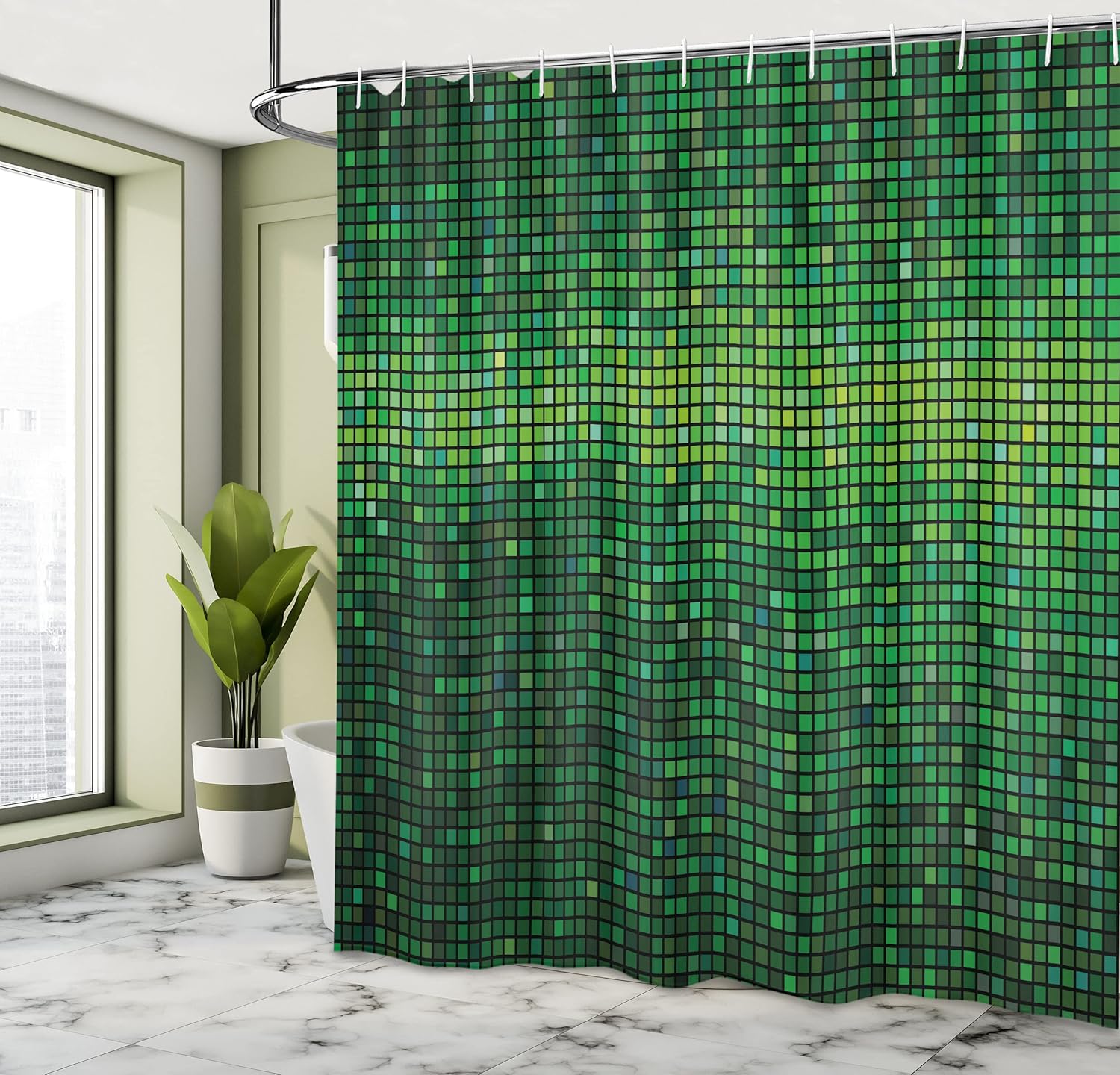 Ambesonne Green Shower Curtain, Abstract Vibrant Square Pixel Mosaic Design Geometric Technology Theme Digital Grid Print, Cloth Fabric Bathroom Decor Set with Hooks, 69" W x 70" L, Green