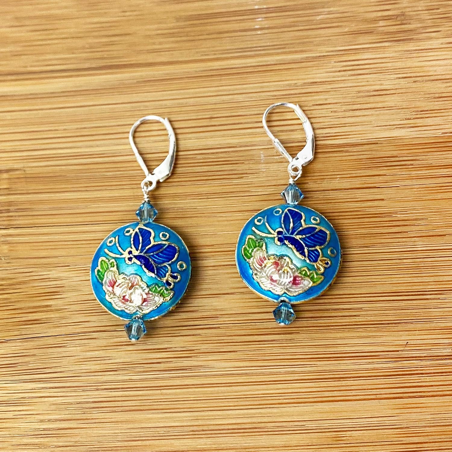 .925 Silver Drop Earrings with Floral Cloisonne Bead and Austrian Crystals