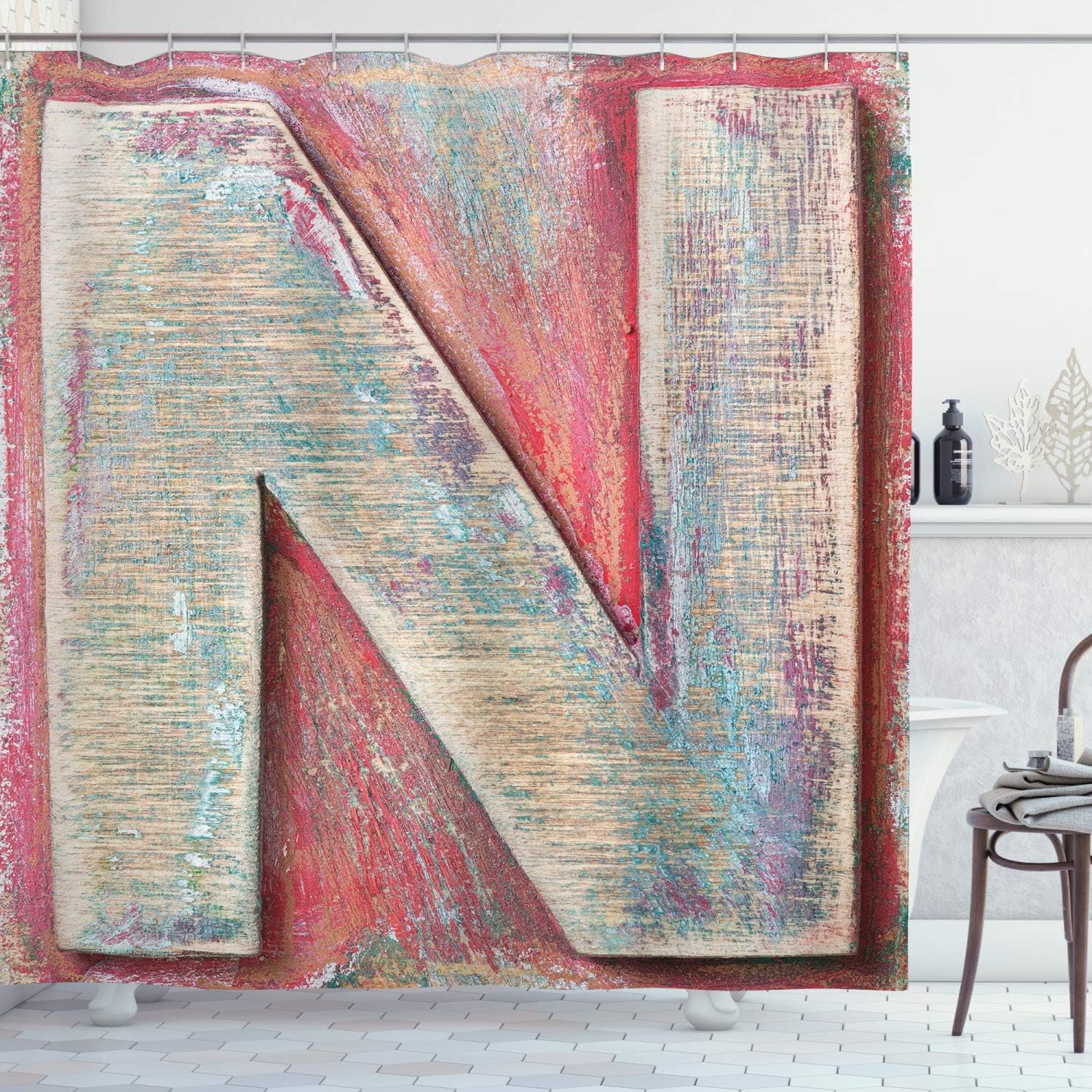 Ambesonne Letter N Shower Curtain, Sketch Style Colorful Typography Soft Featured Grunge Character, Cloth Fabric Bathroom Decor Set with Hooks, 69" W x 70" L, Dark Coral Ivory Seafoam