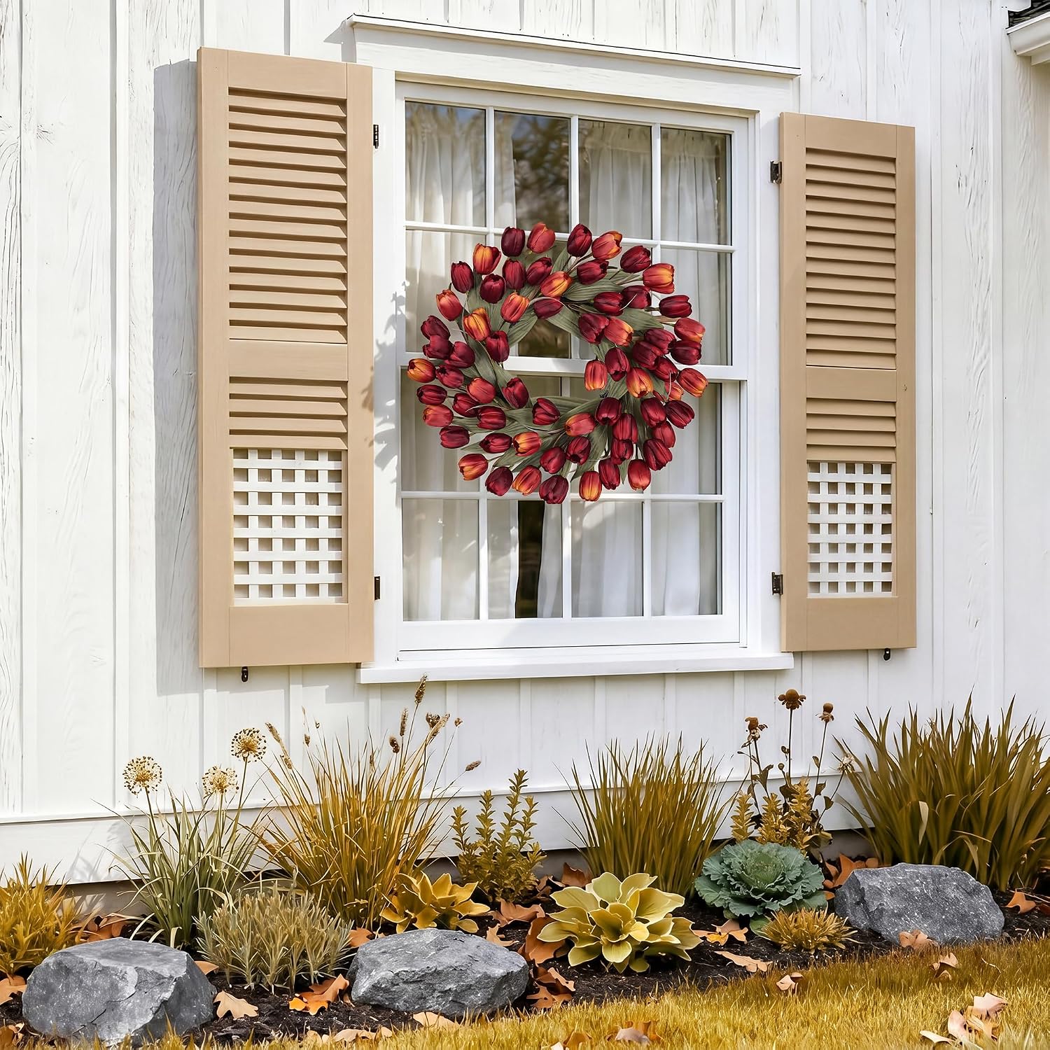 24" Tulip Fall Wreath for Front Door Real Touch Fade-Resistant