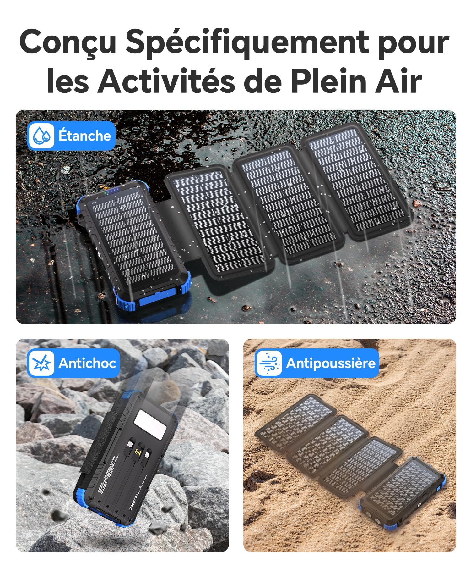 Chargeur Solaire 20000mAh avec 4 Panneaux Solaires, USB C 15 W Charge Rapide, 5 Sorties et 3 Câbles, Batterie Externe Solaire pour l'extérieur avec Mousqueton et Lampes de Poche pour Téléphones
