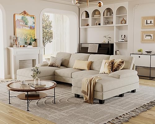 Miniatura 6 de Furmax Camillas seccionales para sala de estar, sofá en forma de U con tela de lino, juego de sofá de 4 asientos con diván doble para apartamento