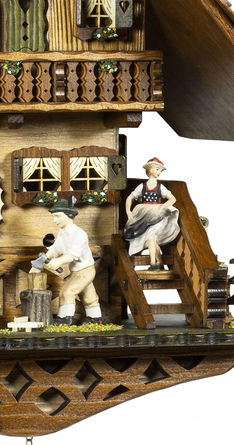 Trenkle Quartz Cuckoo Clock Black Forest House with Moving Wood Chopper and Mill Wheel, with Music TU 4259 QMT HZZG