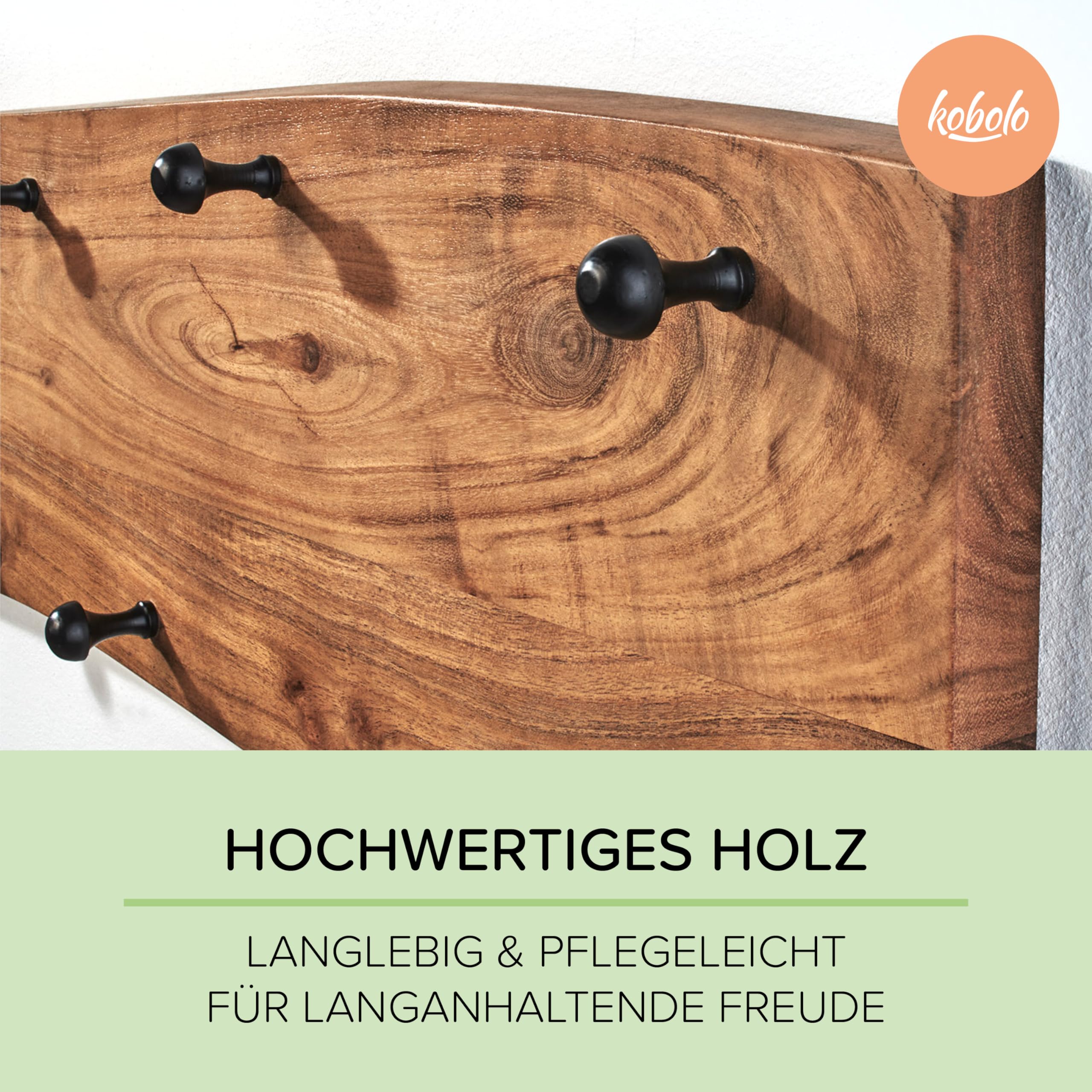Kobolo Garderobe Wandgarderobe aus Akazienholz mit 4 Haken