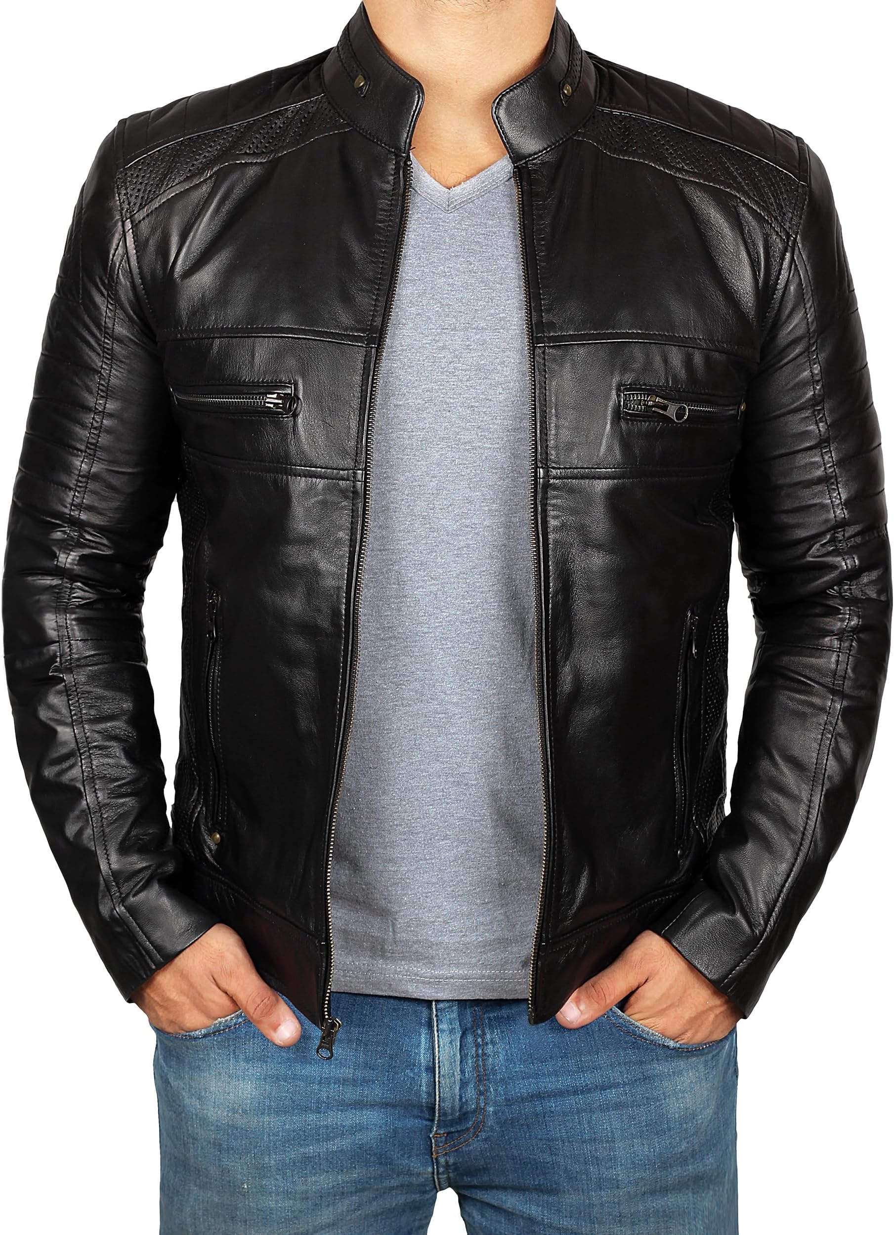 Mens Cafe Racer Leather Jackets โ Motorcycle Racing Style Black And Brown Real Lambskin Jacket for Men