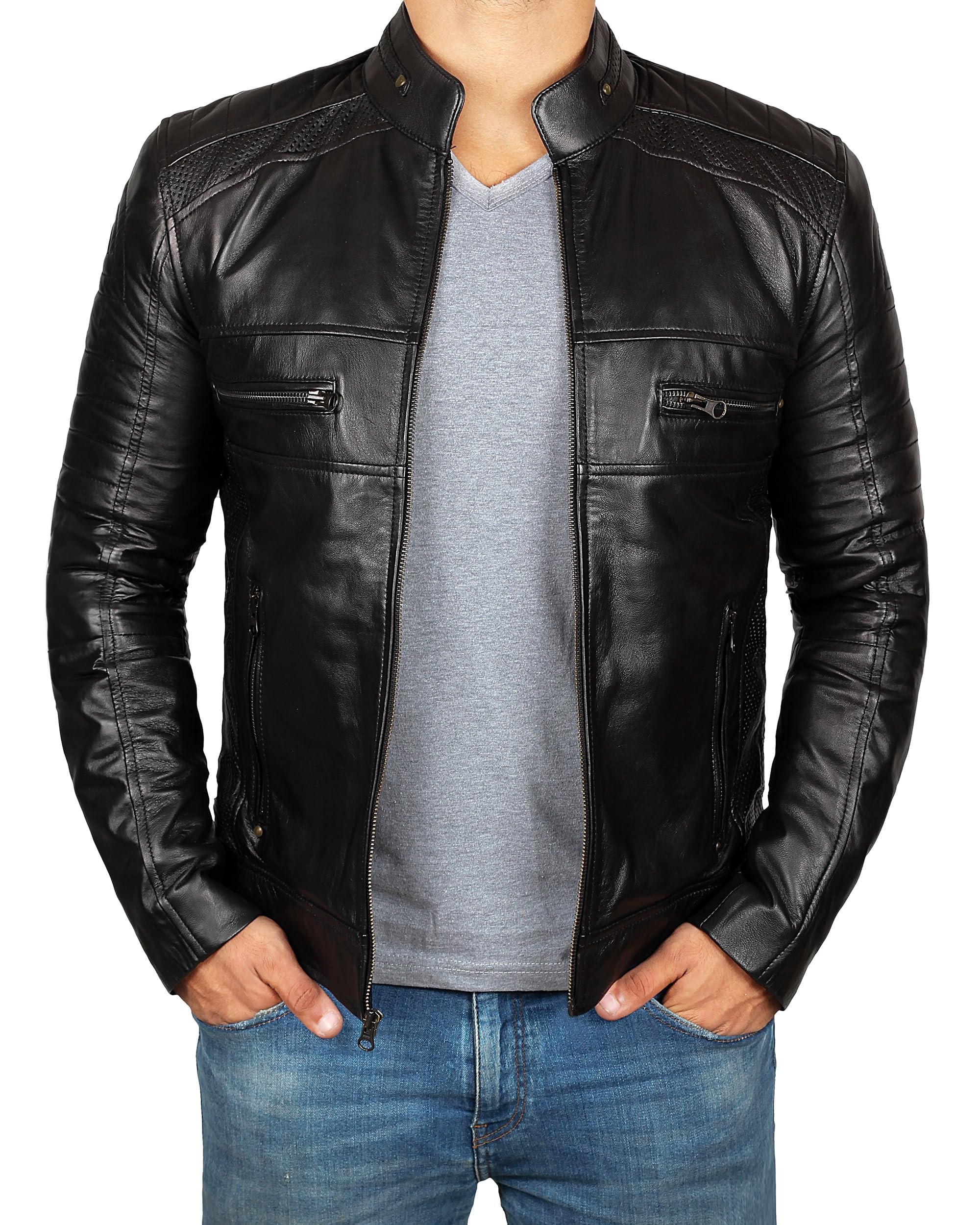 Decrum Mens Leather Jacket - Real Lambskin Cafe Racer Motorcyle Style Leather Jackets For Men