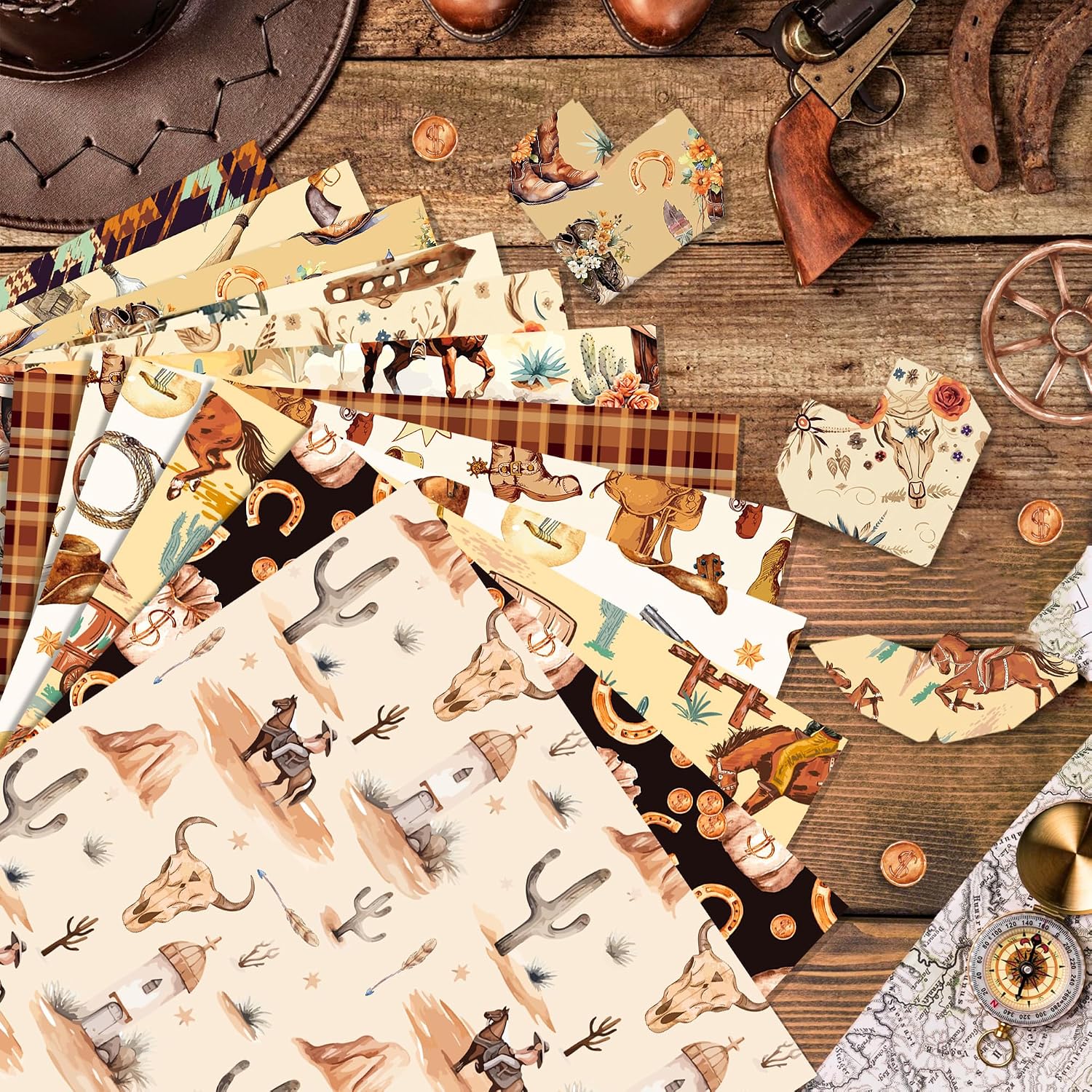 24 Sheets Western Cowboy Pattern Pad 11.8'' x 11.8'' Wild West Scrapbook Paper Western Motifs Boots Hats Cactus Patterned Double-Sided Cardstock Paper for Card Making Photo Album Journal DIY Craft