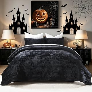 Luxurious Velvet Queen Size Comforter Set,Black Wave Pattern Quilt