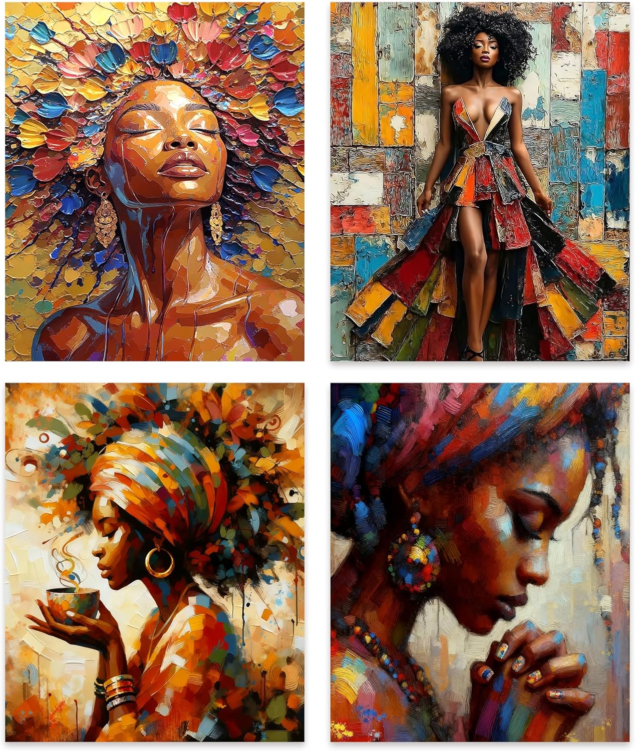 Kemingni 4 Pack Vibrant Black Woman Diamond Painting Kit, Colorful African American Diamond Art Kits for Adults Beginners, Full Drill Gem Painting for Home Wall Decor, 9.8x11.8 Inch