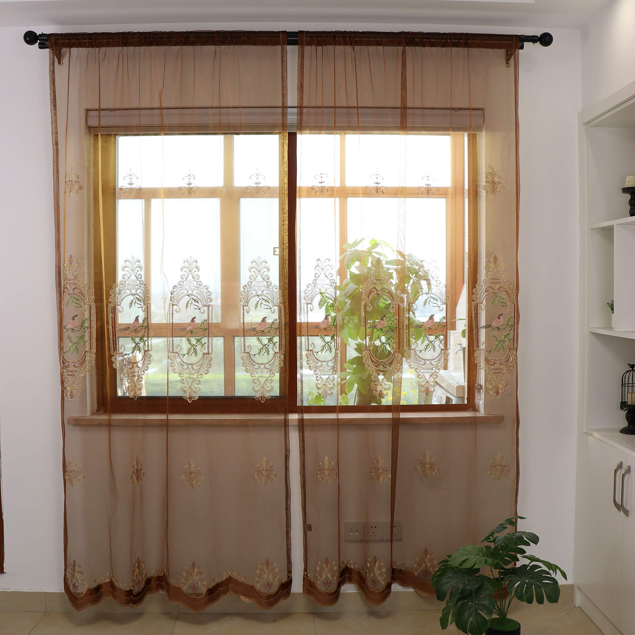 SLOW SOUL 2 pcs. Oiseaux brodés Rideaux pour Salon Chambre à Coucher Salle à Manger Rideaux Haut de Gamme avec Poche pour Tringle Marron Tulle 124 x 244 cm (l x h)