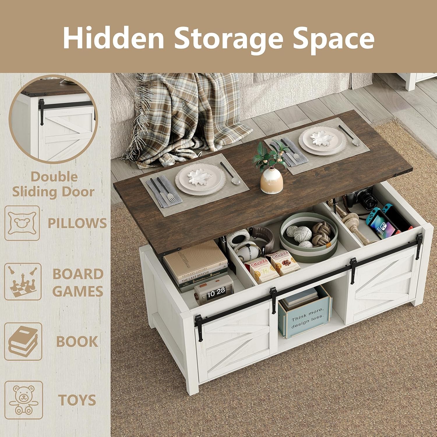 Overhead view of the coffee table with the lift-top open, revealing multiple hidden storage compartments for items like pillows, board games, books, and toys.