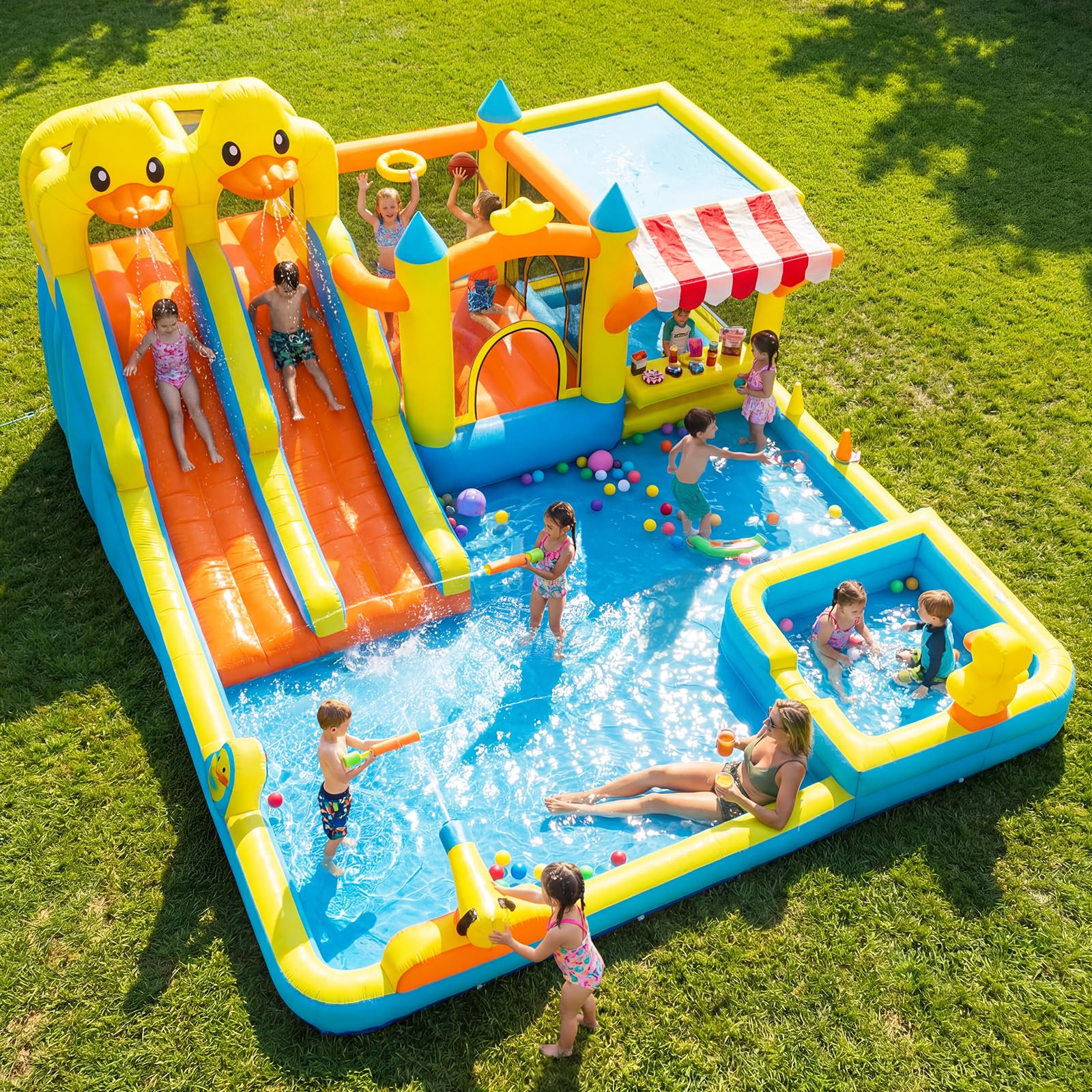 Hapfan Hüpfburg mit Wasserrutsche, 10 in 1 aufblasbare XXL Hüpfburg inkl. Gebläse mit Kletterwand, Springfläche, Wasserpistolen, Splash Pool & Basketballkorb für Kinder, Indoor/Outdoor, 536x436x245