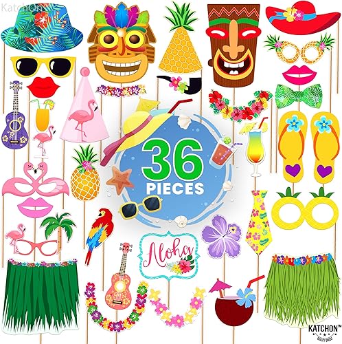 Miniatura 2 de KatchOn, Accesorios hawaianos para cabina de fotos  36 piezas  Accesorios para cabina de fotos Luau, accesorios de fotos Aloha, decoraciones de