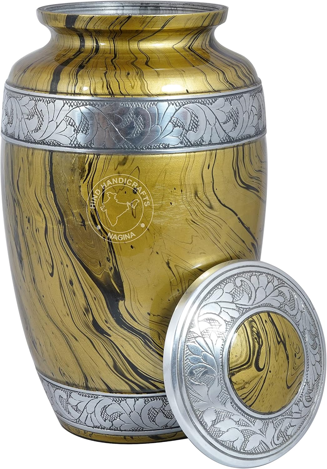 Floral Silver Engraved Cremation Urn for Human Ashes Adult - Handcrafted Funeral Memorial Ashes Urn - Large Columbarium Urn - Bag Included - 200 Cubic Inches (Waves - 2)