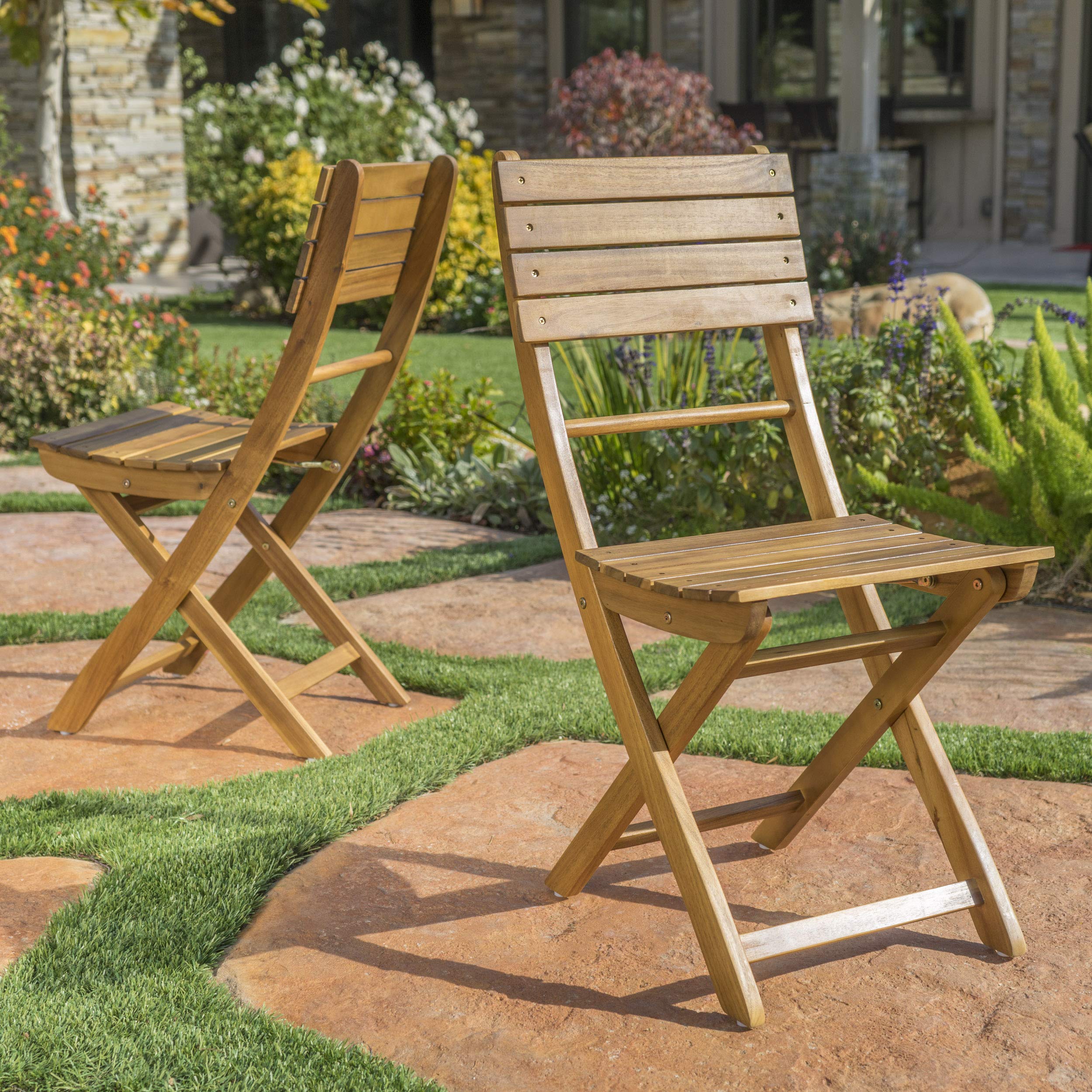 Positano Outdoor Acacia Wood Foldable Dining Chairs, 2-Pcs Set, Natural Stained