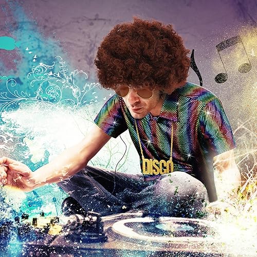 Miniatura 4 de 4 piezas de disfraz de discoteca de los años 70 para hombre, trajes hippie de los años 70 para hombre, incluye lentejuelas de manga corta, camisa