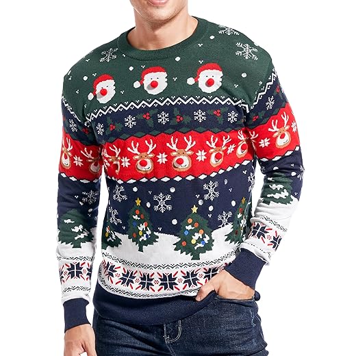 Men's Christmas Rudolph Reindeer Holiday Festive Knitted Sweater Cardigan Cute Ugly Pullover Jumper