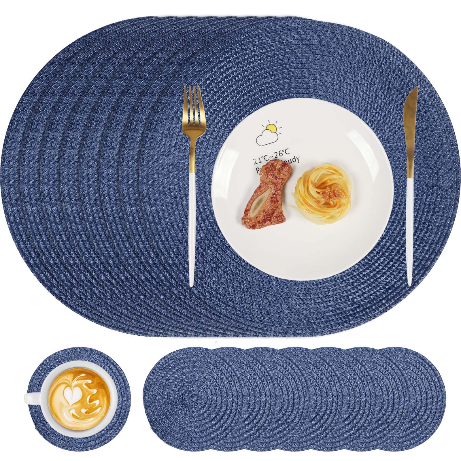 Famibay Placemats and Coasters Set of 8 Round Woven Place Mats Washable Heat Resistant Place Mats Navy Blue Table Mats and Coasters for Kitchen Dining Table