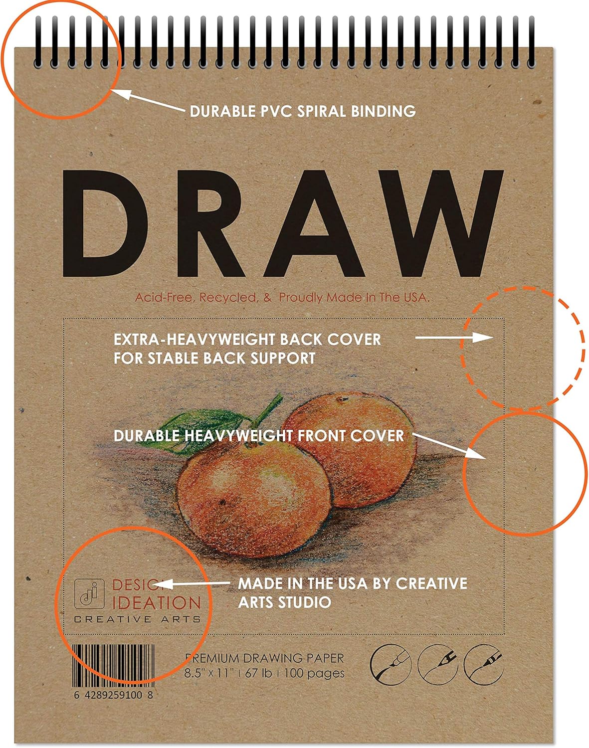 Design Ideation Spiral Bound Drawing Book for Pencil, Ink, Marker, Charcoal and Watercolor Paints. Great for Art, Design and Education. (8.5" x 11") (5 Pads)