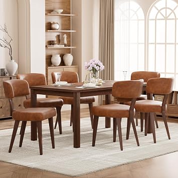 Mid-Century Dining Chair Set of 6, Upholstered Kitchen Chair with T-Shaped Back, Faux Leather with Wood Grain Metal Legs, Comfortable Padded Seat for Dining Room, Kitchen, Living Room, Brown