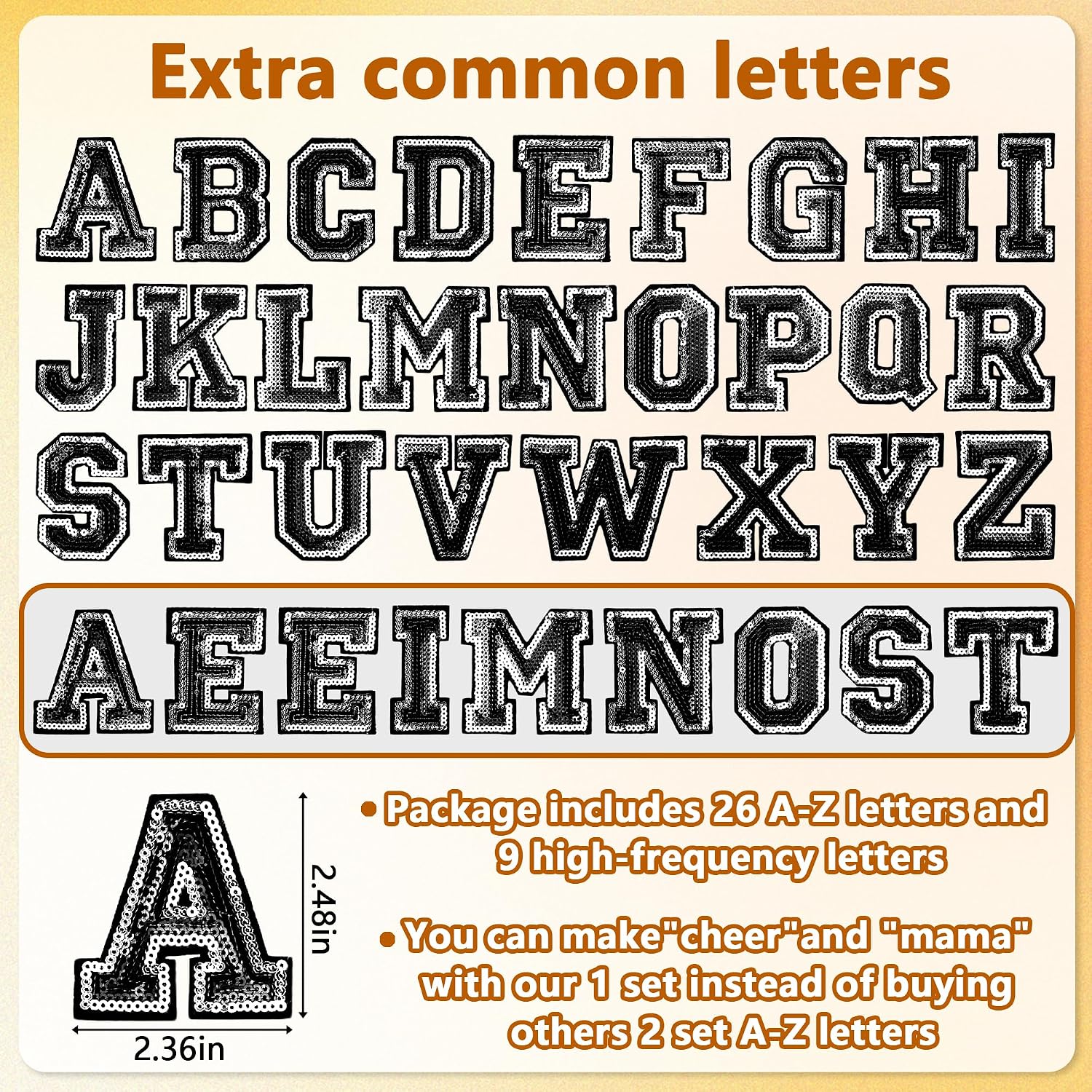 35 Pcs Sequin Iron on Letters Black and Silver Letter Patches Iron on Glitter Letters for Clothing Backpack Hats