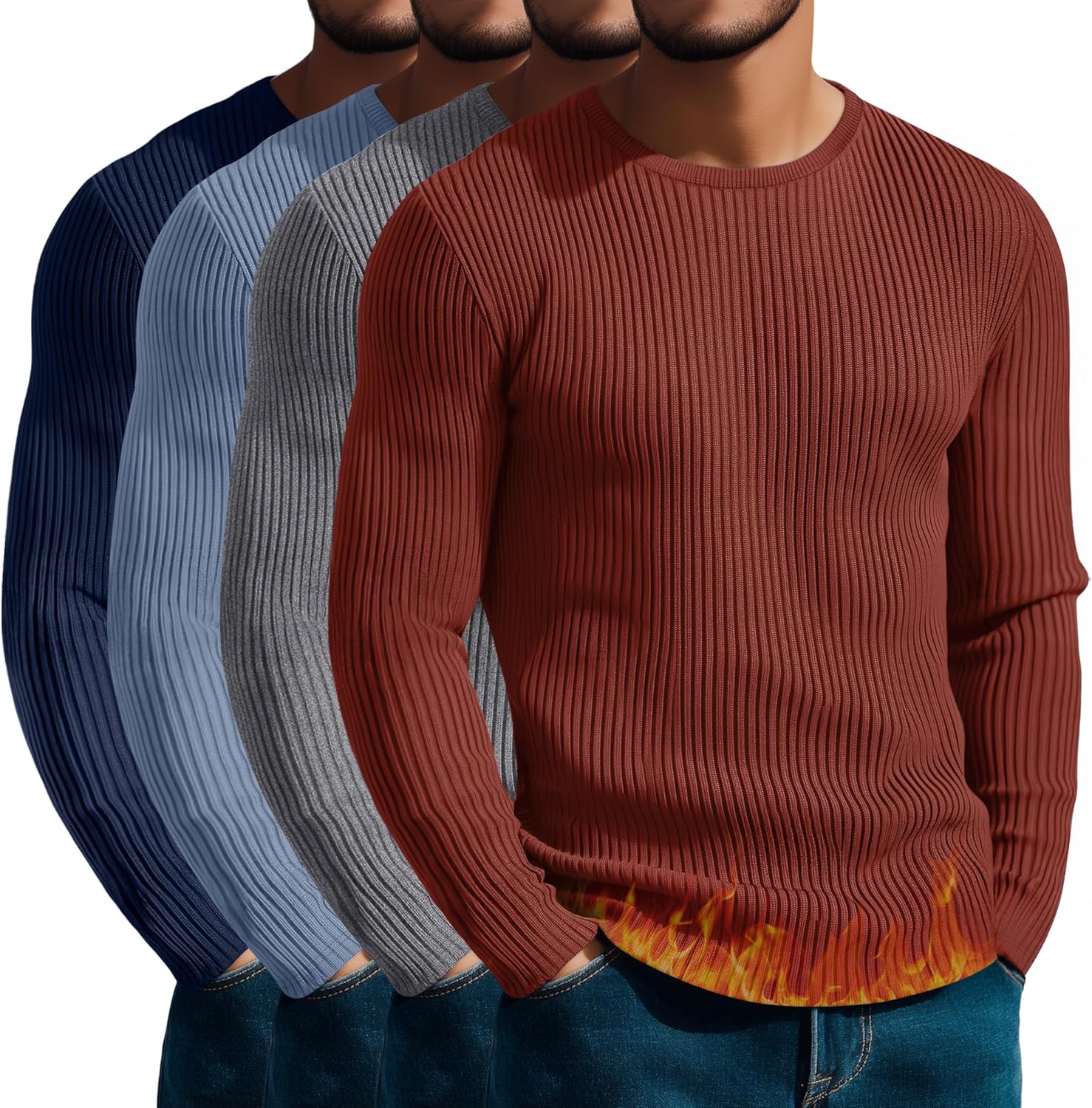 4 Pack Men's Cotton Thermal Long Sleeve Shirts Ribbed Crew Neck Tops Slim Fit Undershirts Fall Winter Base Layer