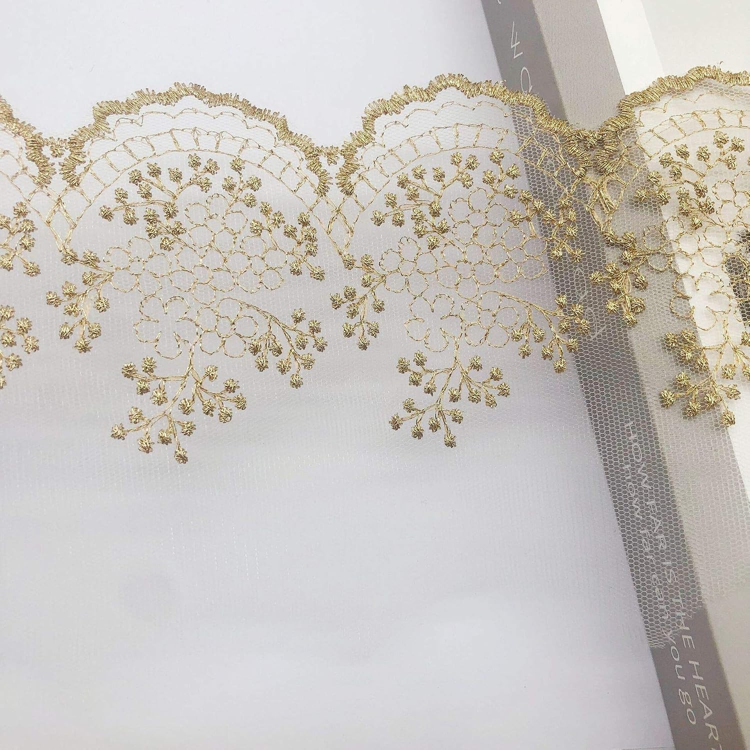 4 Yards x 10.5cm Width Premium Golden Line Branch Floral Embroidery Tulle Lace Trim Frill Lace