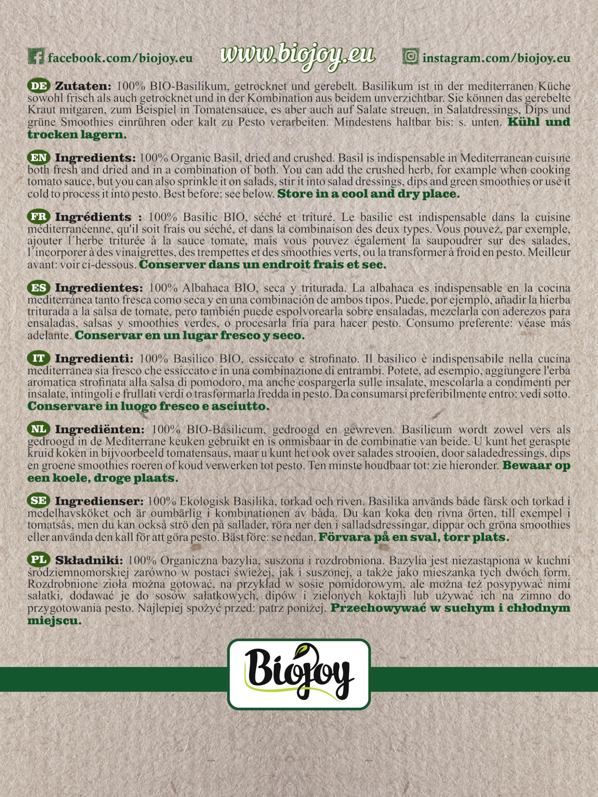 Biojoy Basilic BIO (500 g), séché et trituré, Feuilles de Basilic (Ocimum basilicum)