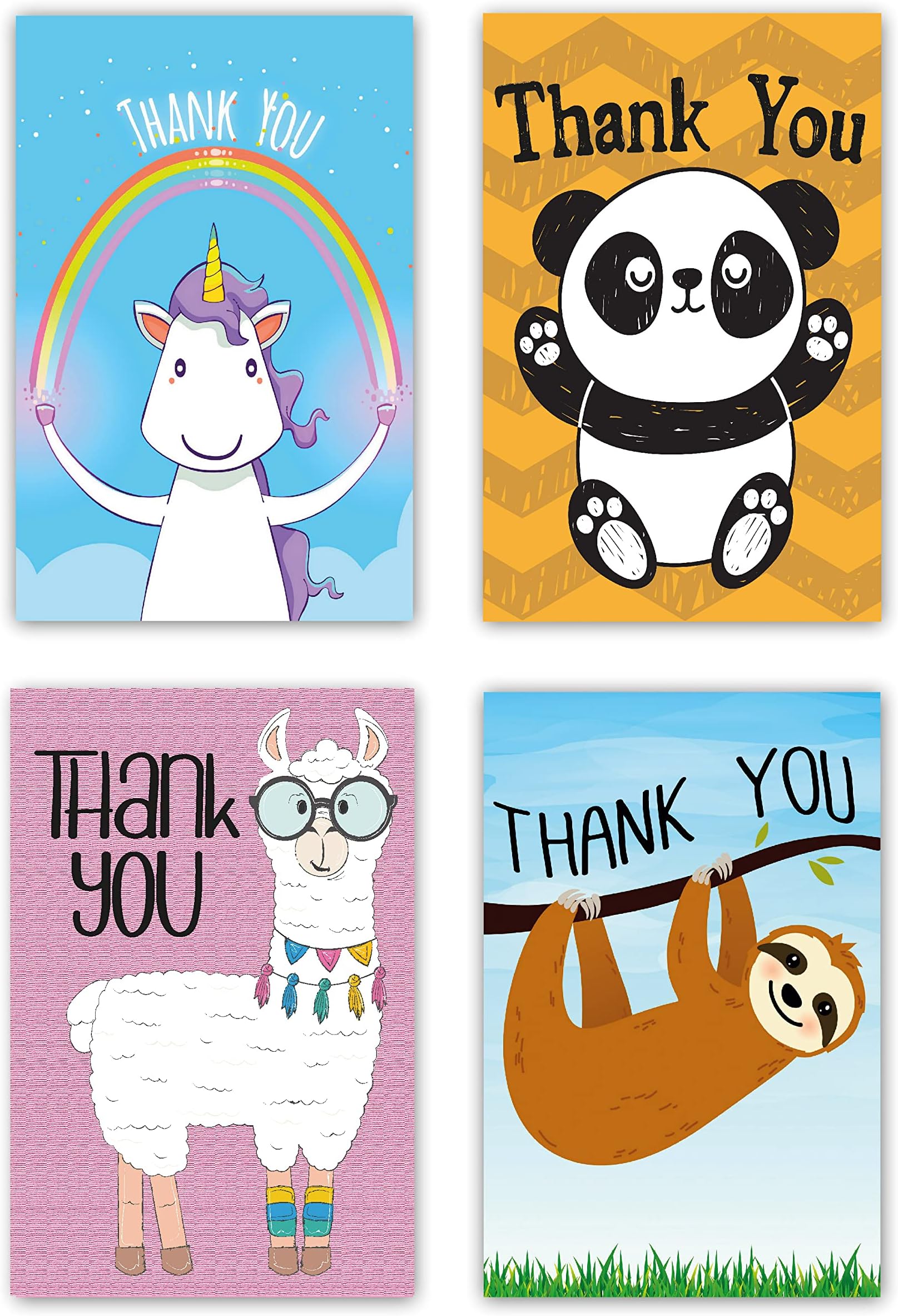 Greetingles Pack of 24 Fun Novelty Design Thank-You Cards and Envelopes Llama, Sloth, Panda and Unicorn