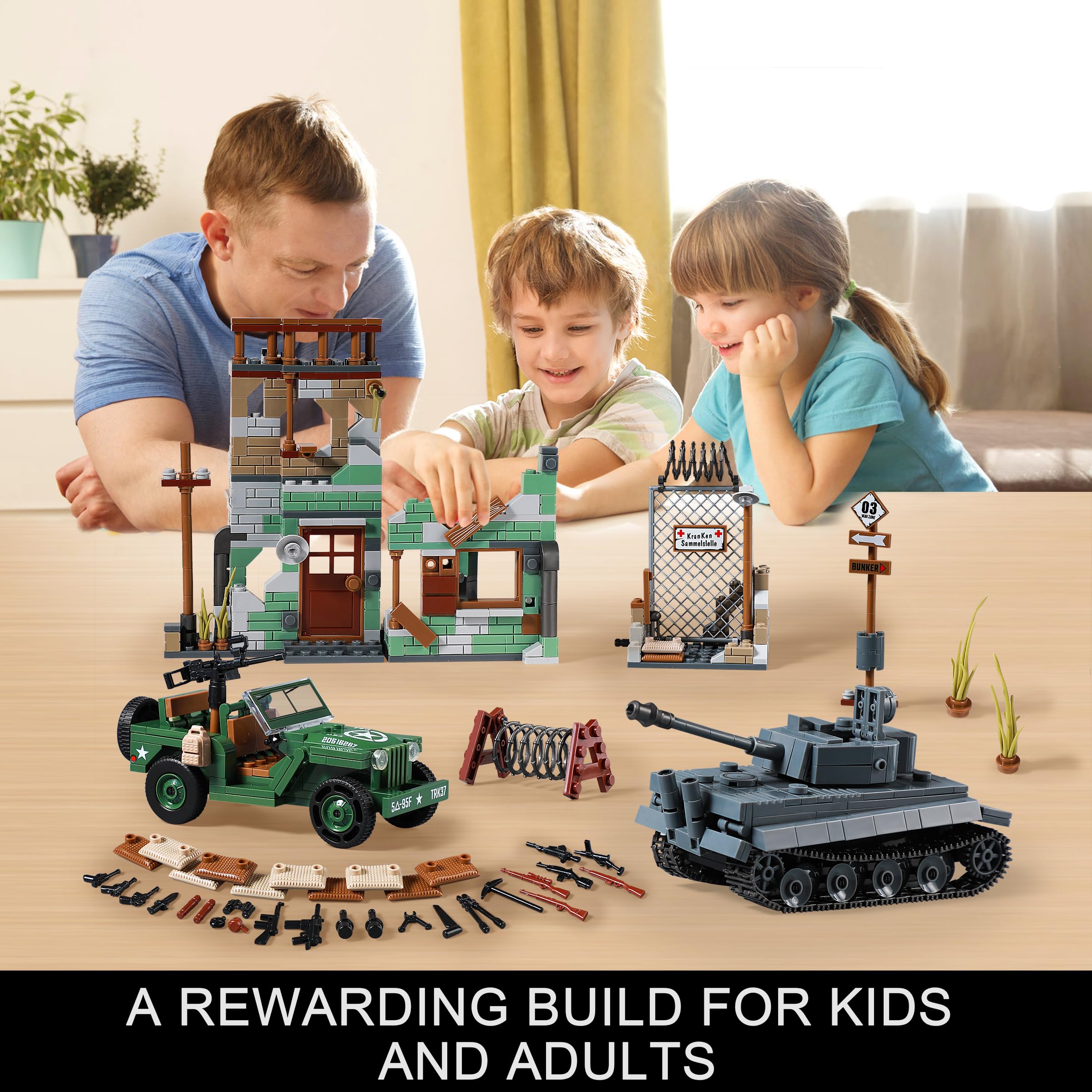 WW2 Military Base Building Set Compatible with Lego, Historical Army Toys Model Kit, Includes German Tiger I Tank, US Willys MB Vehicle & Bombed House, Gift Idea for Kids, Teens & Adults