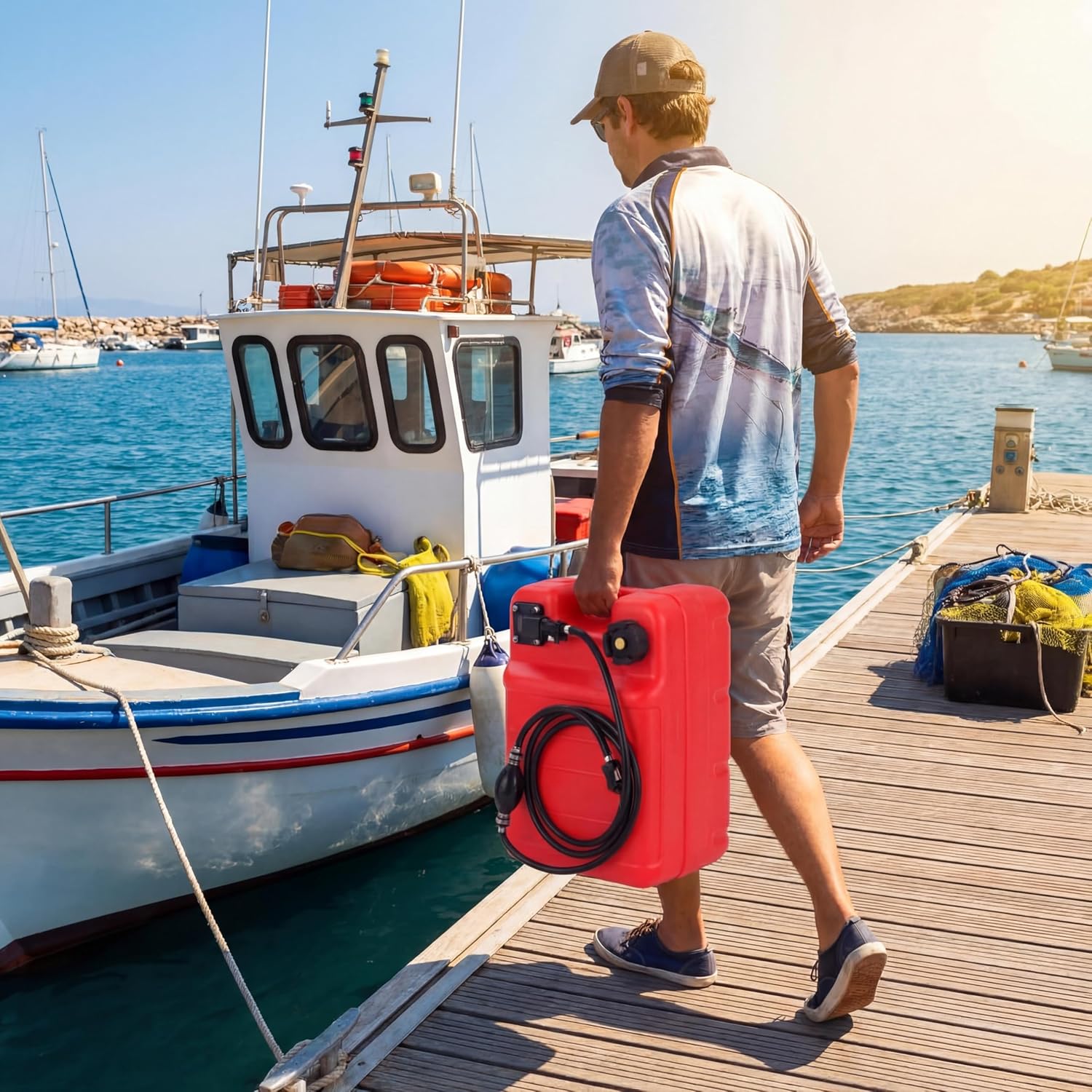 6 Gallon Tank Marine Fuel with Line & Pump, I-Shaped Handle, Outboard Boat Gas Tank for Marine Engines, Durable & Easy to Carry