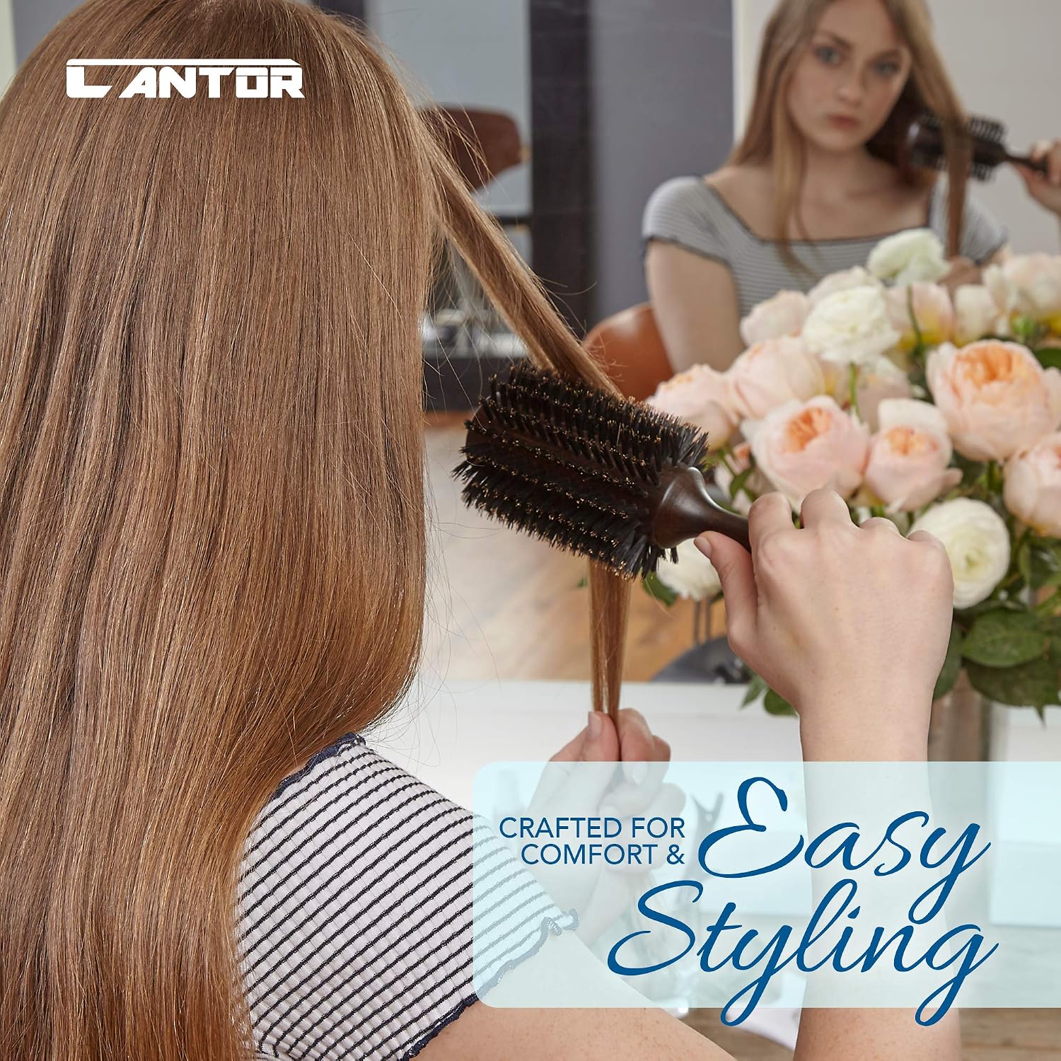 Large Round Blow Dry Brush - Boar Bristle, Solid Wood Barrel, Professional Anti-Static Roller Hair Brush for Styling and Blow Drying – 3”, 18 Row, For Long Hair - By Cantor