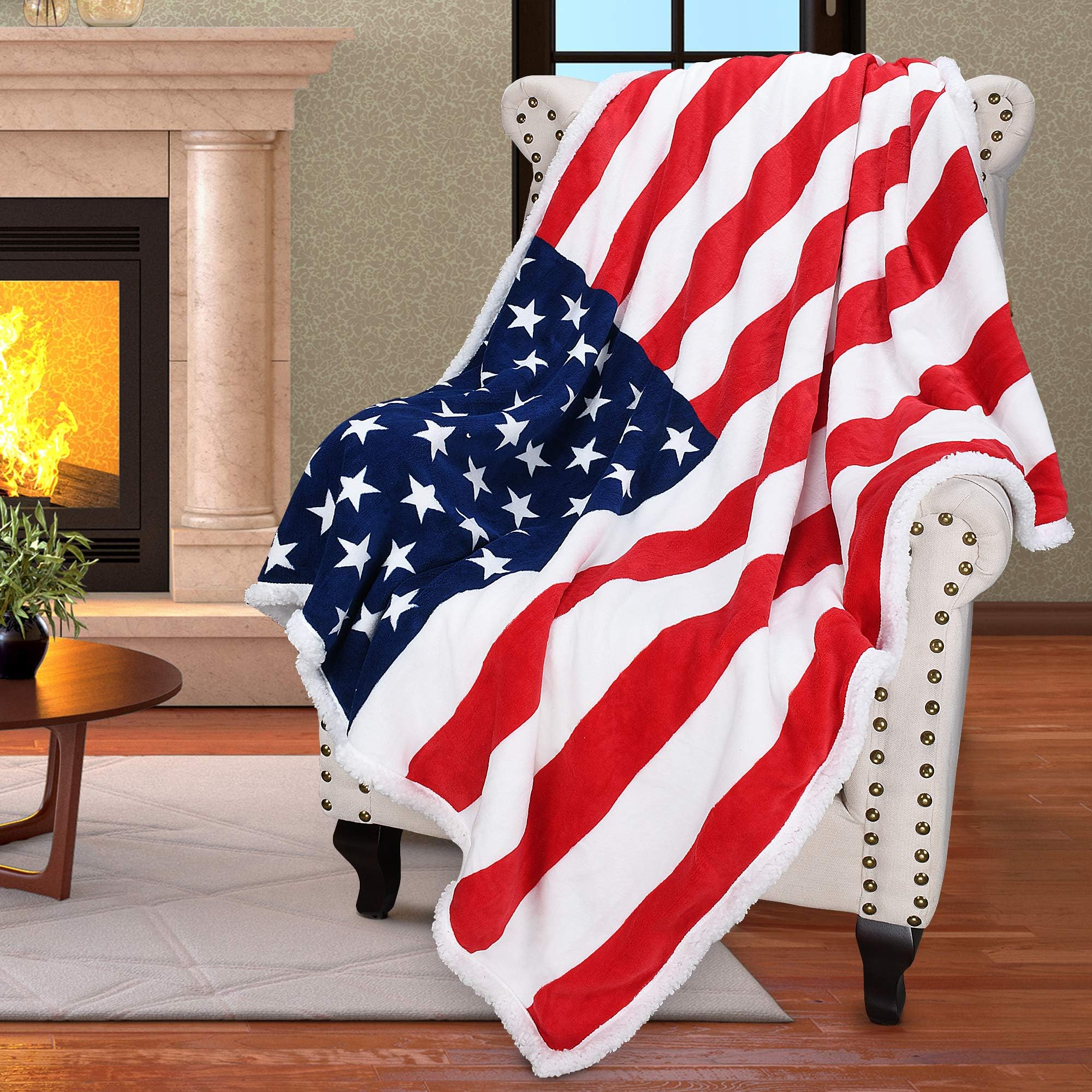 Catalonia Patriotic US Flag Blanket, American National Flag Throws, Sherpa Fleece Reversible Blanket for Couch Bed Decor, 4th of July Citizenship Veteran Presidents' Day Gift