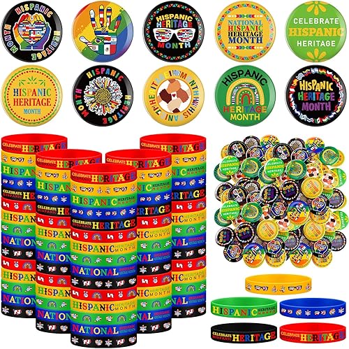 Quelay 200 Pcs Hispanic Heritage Month Party Favors Bulks Included Hispanic Rubber Bracelets and Buttons Badges Round Button Pins for Gifts Festival Accessory Party Decorations